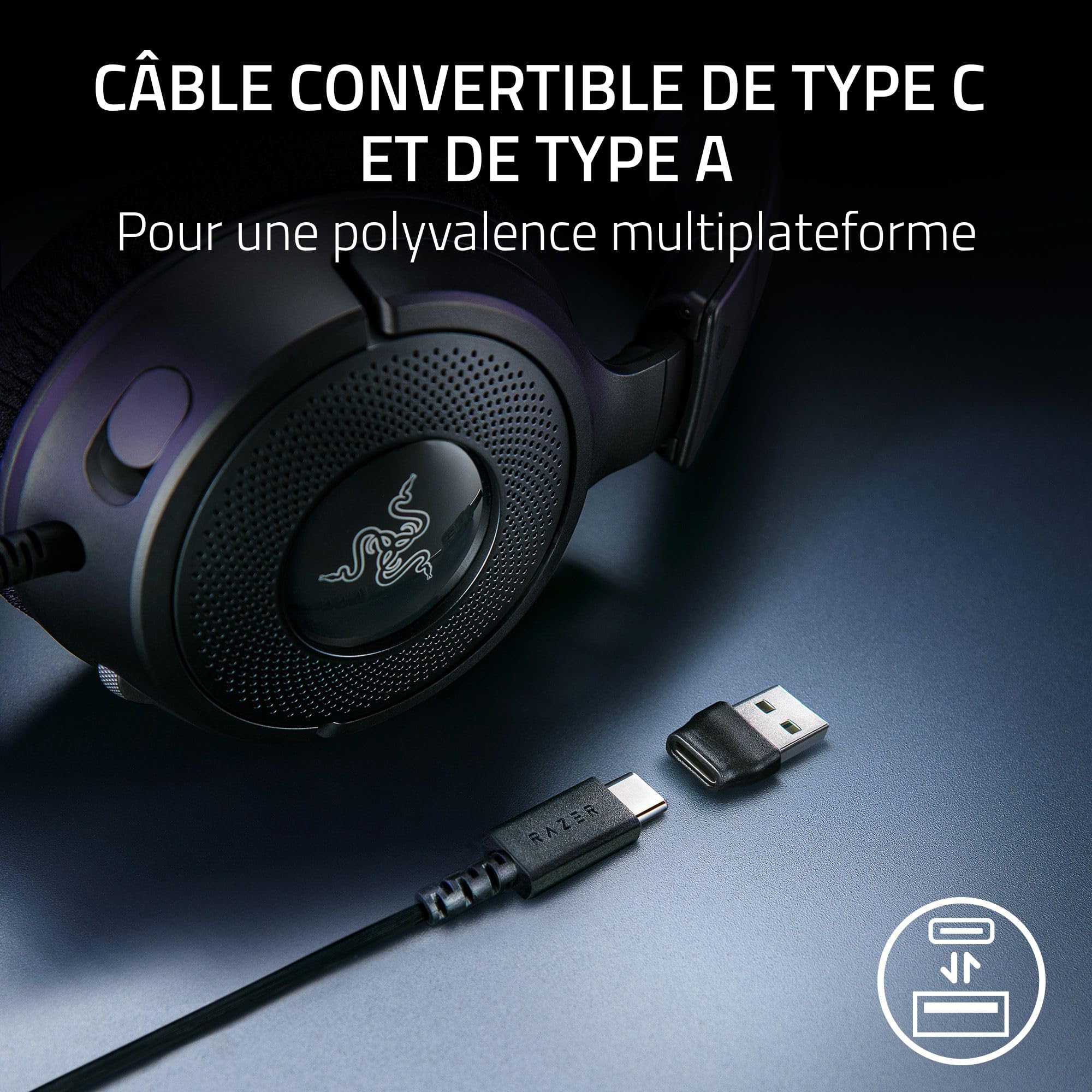 Razer Kraken V4 X - Casque de Jeu Filaire (Drivers Triforce 40mm, Micro cardioïde rétractable, Son Surround 7.1, Chroma RGB, pour PC - Console et téléphones Via USB-C) Noir