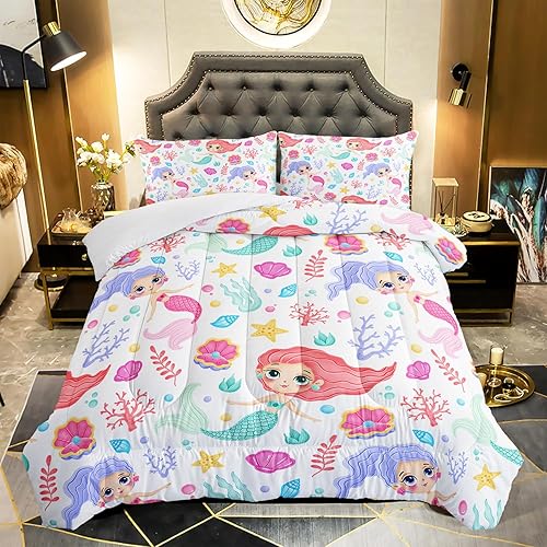 Miniatura 3 de Juego de edredón de sirena, tamaño matrimonial, juego de ropa de cama de cuento de hadas, conchas marinas y hierba, juego de cama con estrellas de