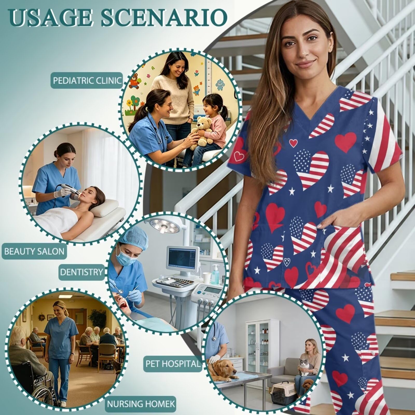 Set di scrub da donna per il 250° anniversario con bandiera americana e pantaloni alti per assistente medico