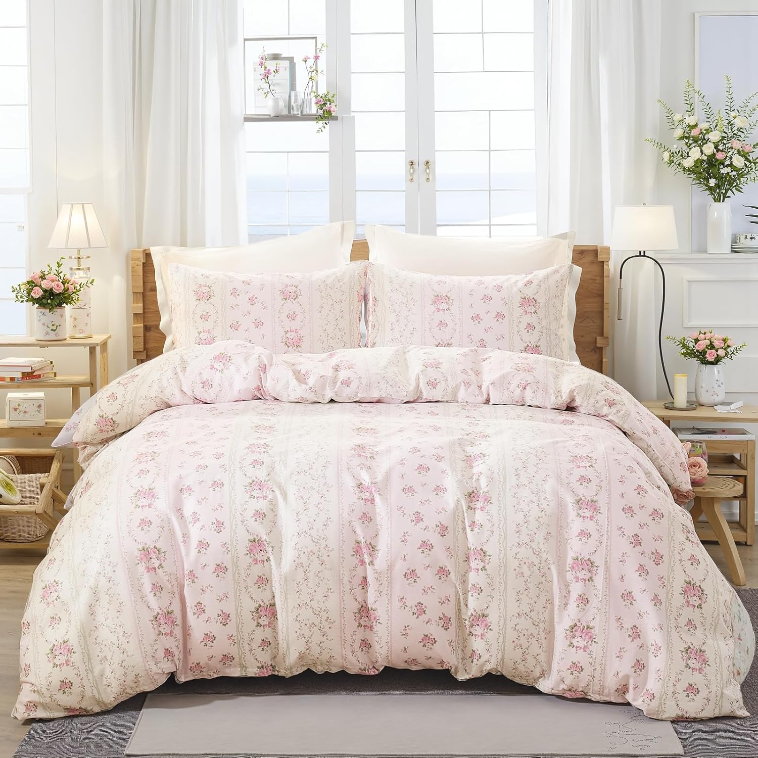 Duvet Cover Queen Size - 100% Cotton Reversible Floral Duvet Cover Set with Zipper Closure, 3 Pieces Soft & Breathable Pink Aesthetic Bedding Set
