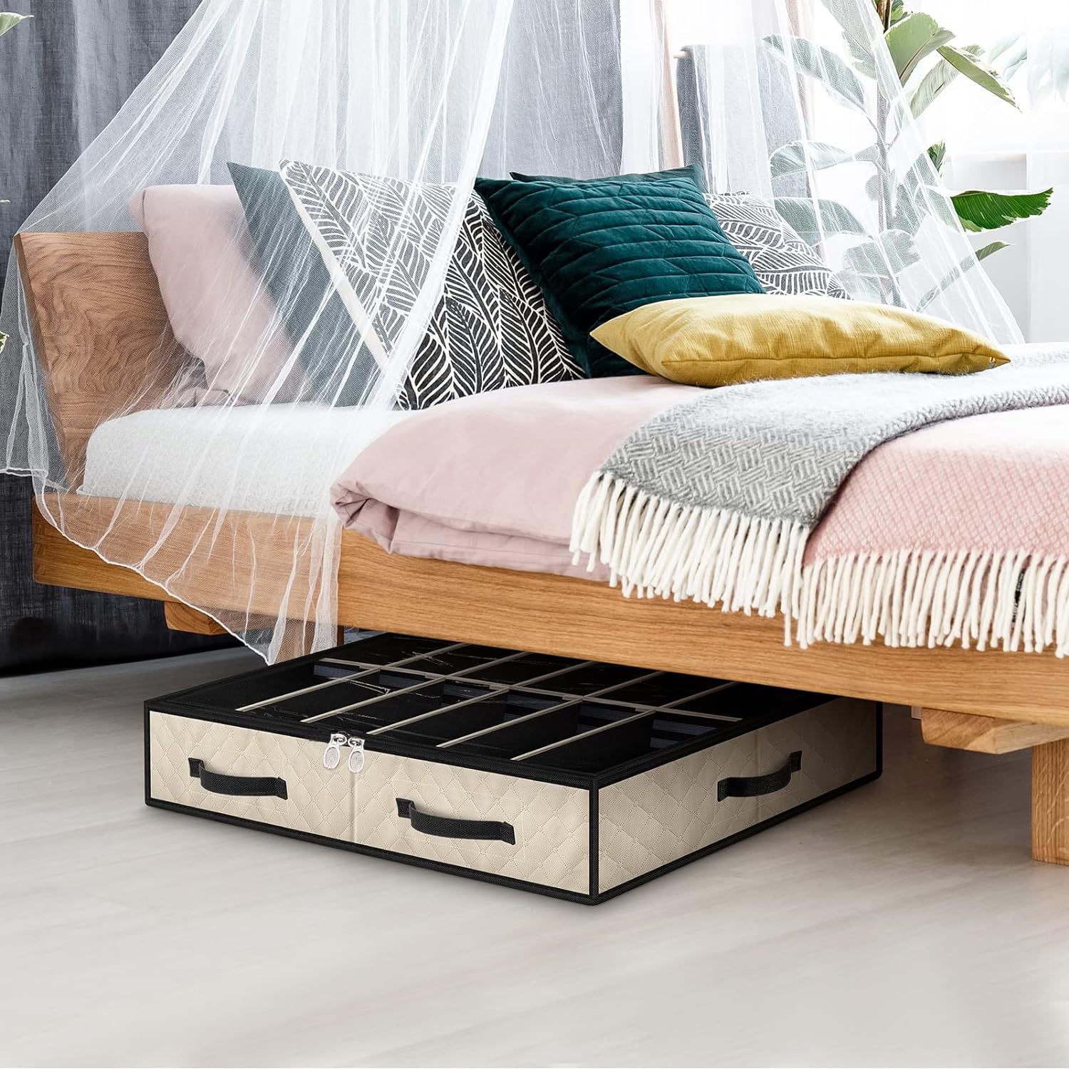 Unterbett-Schuh-Organizer, 2er-Set, stabile Struktur, verstellbare Trennwände, verstärkter Griff, stabiler Reißverschluss, passend für insgesamt 24 Paar, atmungsaktiv, beige