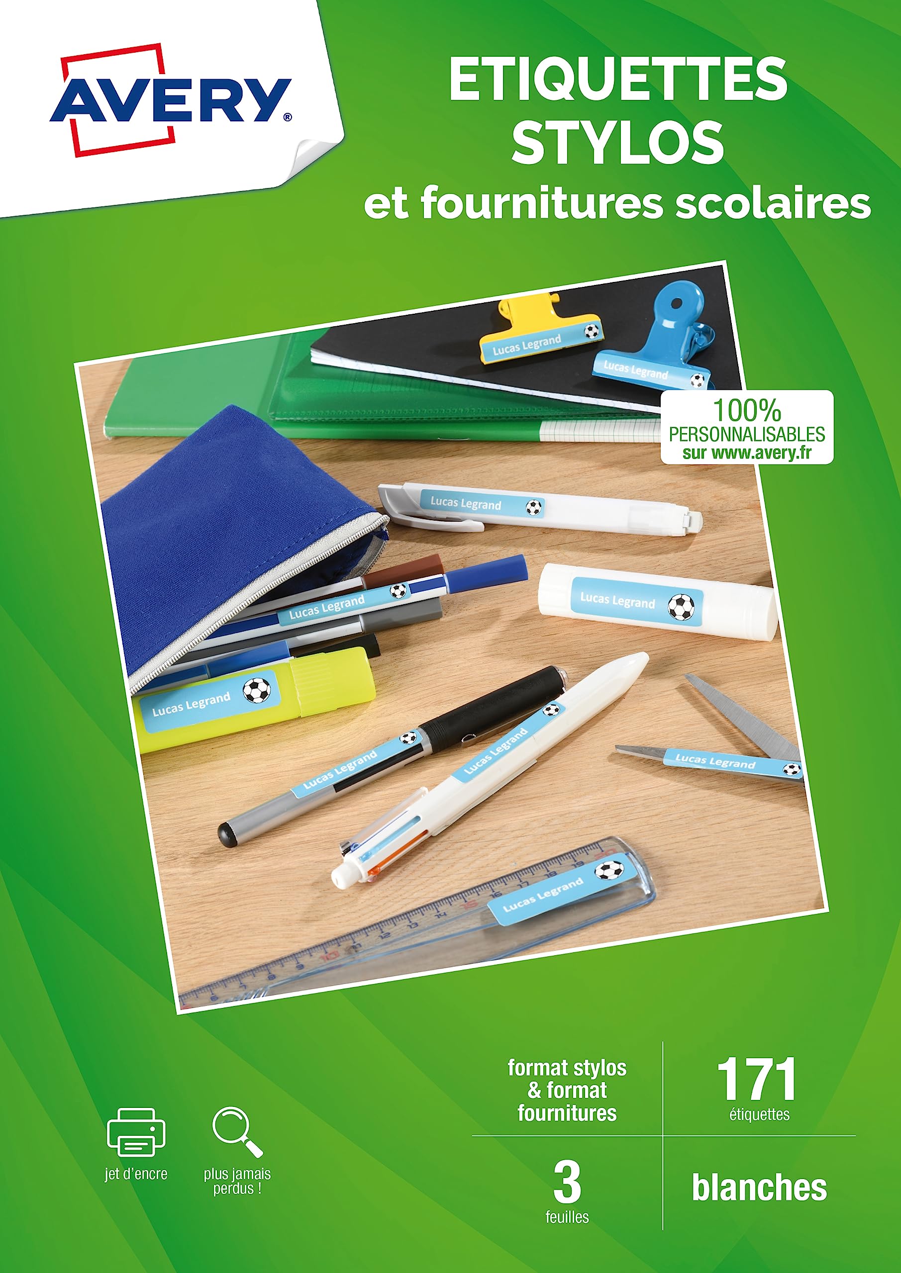 Avery J8110-3 Lot de 171 Etiquettes imprimables pour stylos/fournitures scolaires