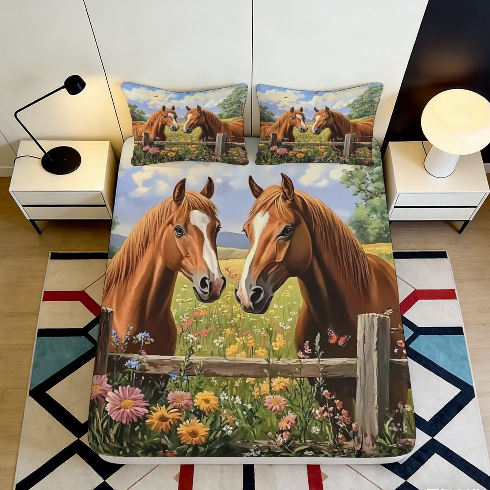 3D Printed Horse Pasture Fitted Sheet Microfiber Soft Scenic Meadow Bed Cover for Bedroom Guest Room Decor 115 90x200x25cm