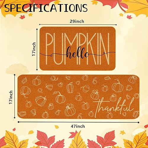 Miniatura 3 de Juego de 2 tapetes de cocina de otoño naranja con texto en inglés "Hello Pumpkin" para decoración del hogar, tapetes de cocina de bajo perfil para