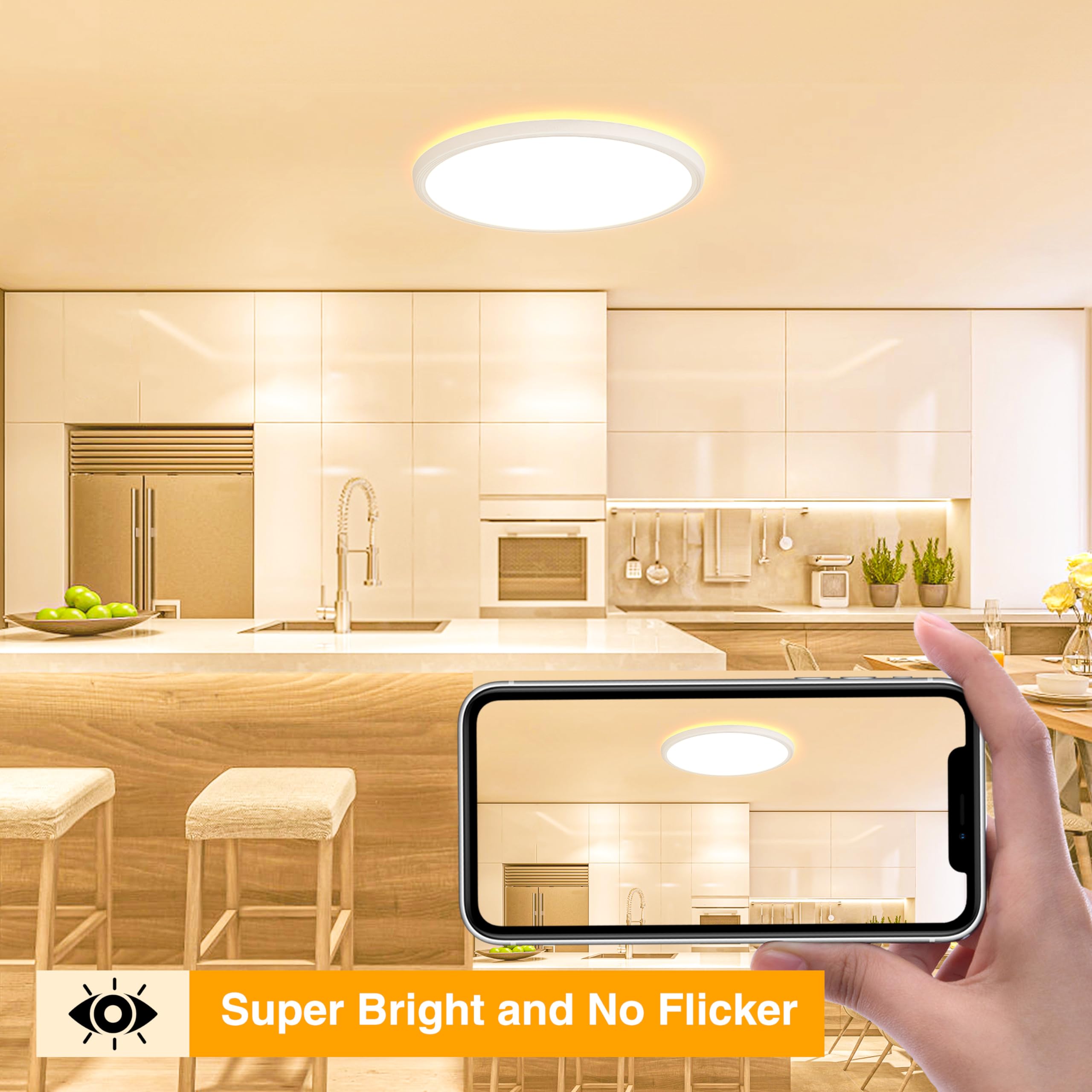 OUILA Plafoniera LED Soffitto 18W, Ø22CM Lampada da Soffitto LED 3000K 1600LM Impermeabile Alta Luminosità Plafoniere Bagno Plafoniere da Ufficio Luce Soffitto per Camera da Letto, Cucina, Balcon