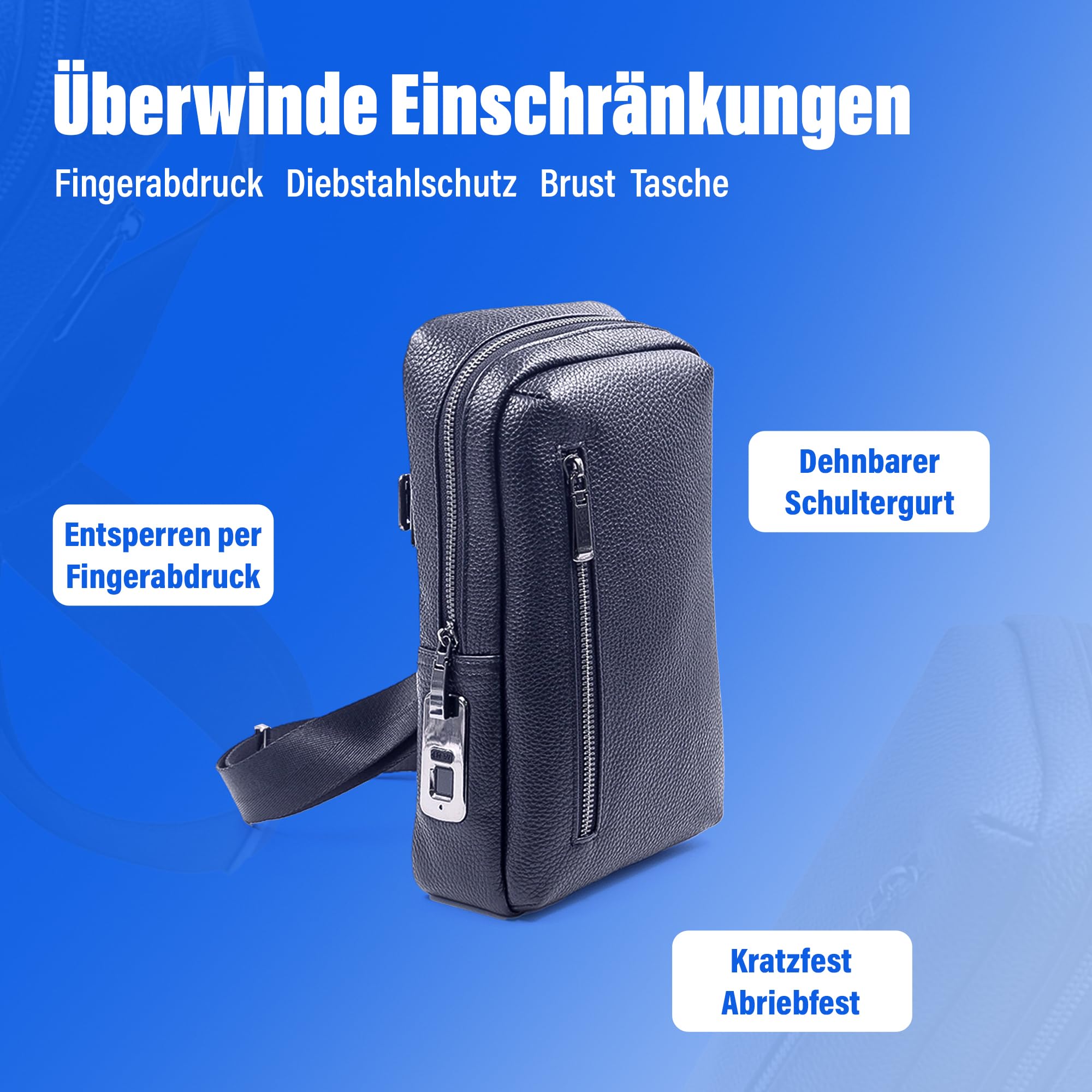 Herren Umhängetasche & Schultertasche mit sicherem Fingerabdruck-Schloss – Echtleder, USB-C Anschluss, diebstahlsicher & wasserfest