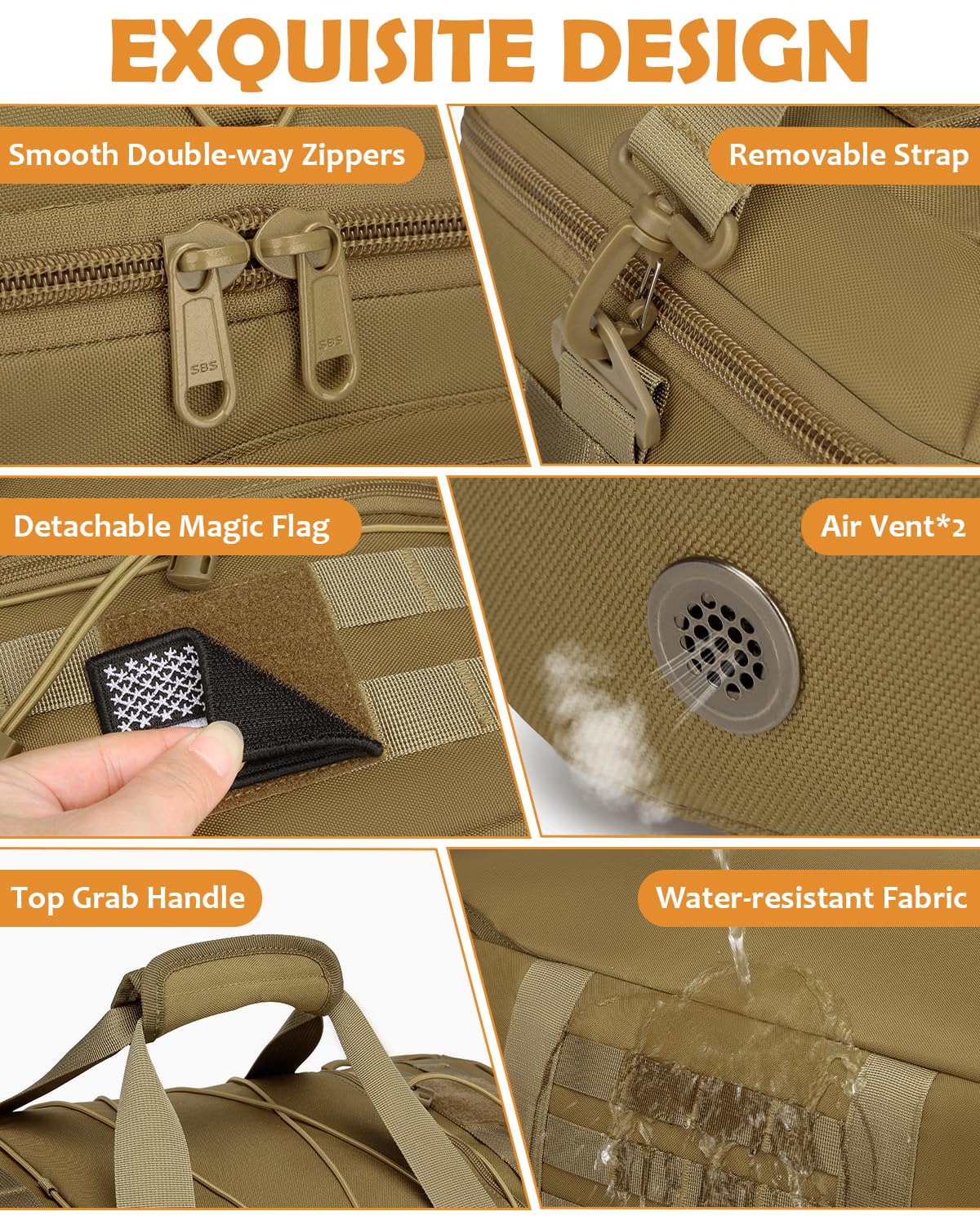 50L Turnbeutel für Herren, 3-in-1-Reisetasche mit Schuhfach, taktischer Militär-Rucksack für Übernachtung, Wochenender, Fitnessstudio, Reisen, Workout, Einsatz, Braun, 50L, Taktischer 3-in-1-Rucksack