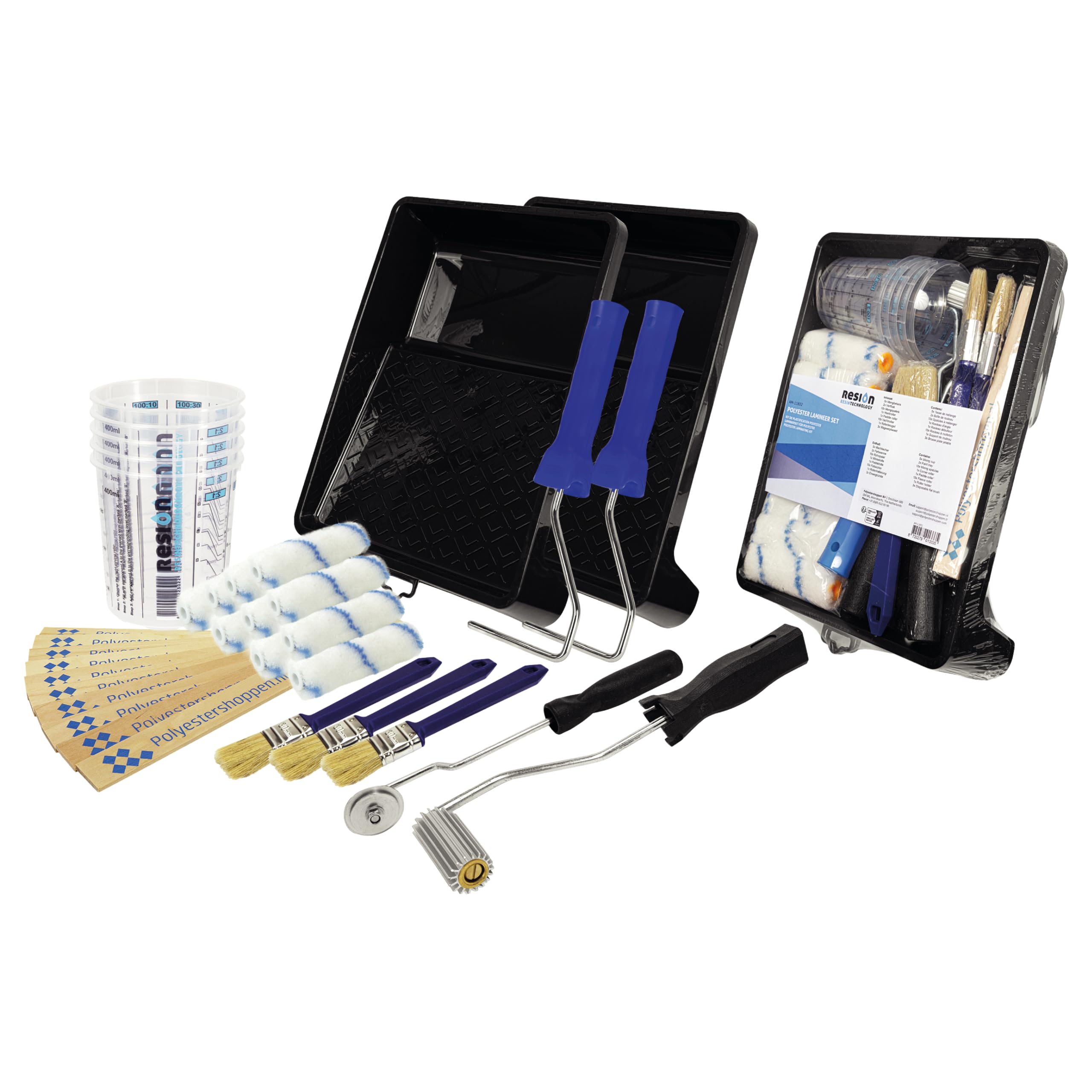Kit d'outils très complet pour fibres composites - Rouleau de dégonflage - 10 rouleaux de plastification - 5 tasses à mélanger - 3 brosses plates - Pour fibre de verre, résine composite, GRP