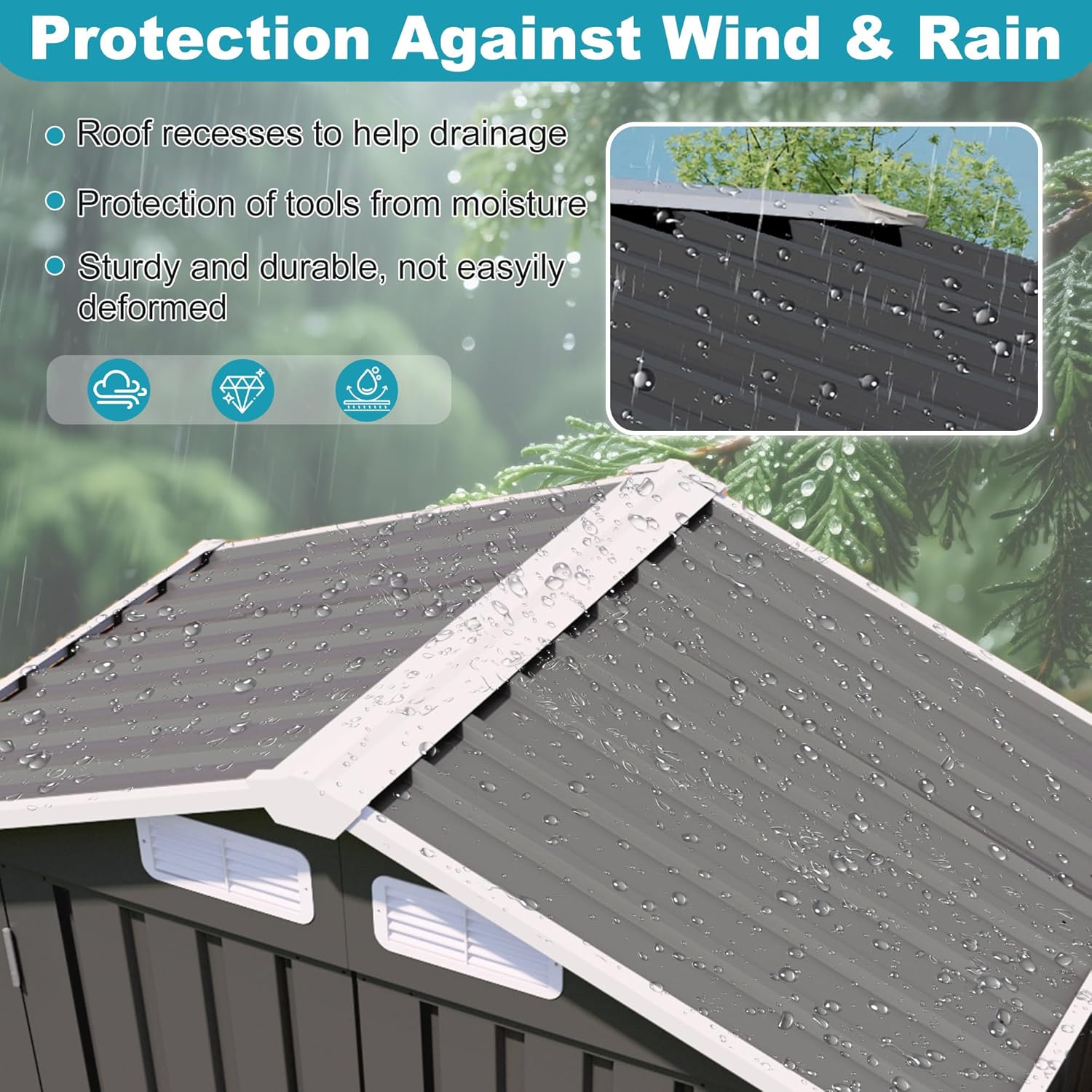 Close-up of the shed's peaked roof with water droplets, illustrating its protection against wind and rain.