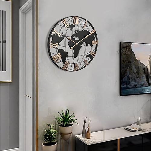 Miniatura 4 de Reloj de pared de metal negro extra gigante de 36 pulgadas, diseño moderno de mapa del mundo silencioso con números romanos dorados vintage,