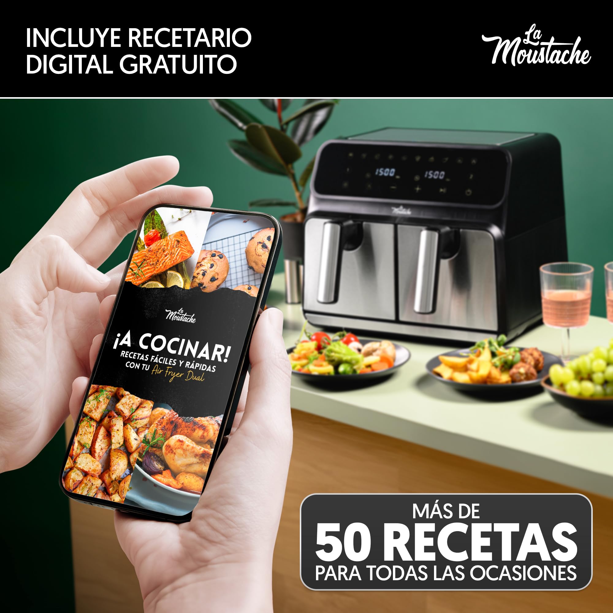 La Moustache - Freidora de Aire sin Aceite 8L con Doble Cesta, 2 Cestas Independientes de 4L, Air Fryer 6 en 1, 1700W, 10 Modos, 60-200 °C, Apta para Lavavajillas (DuoFry Gray)