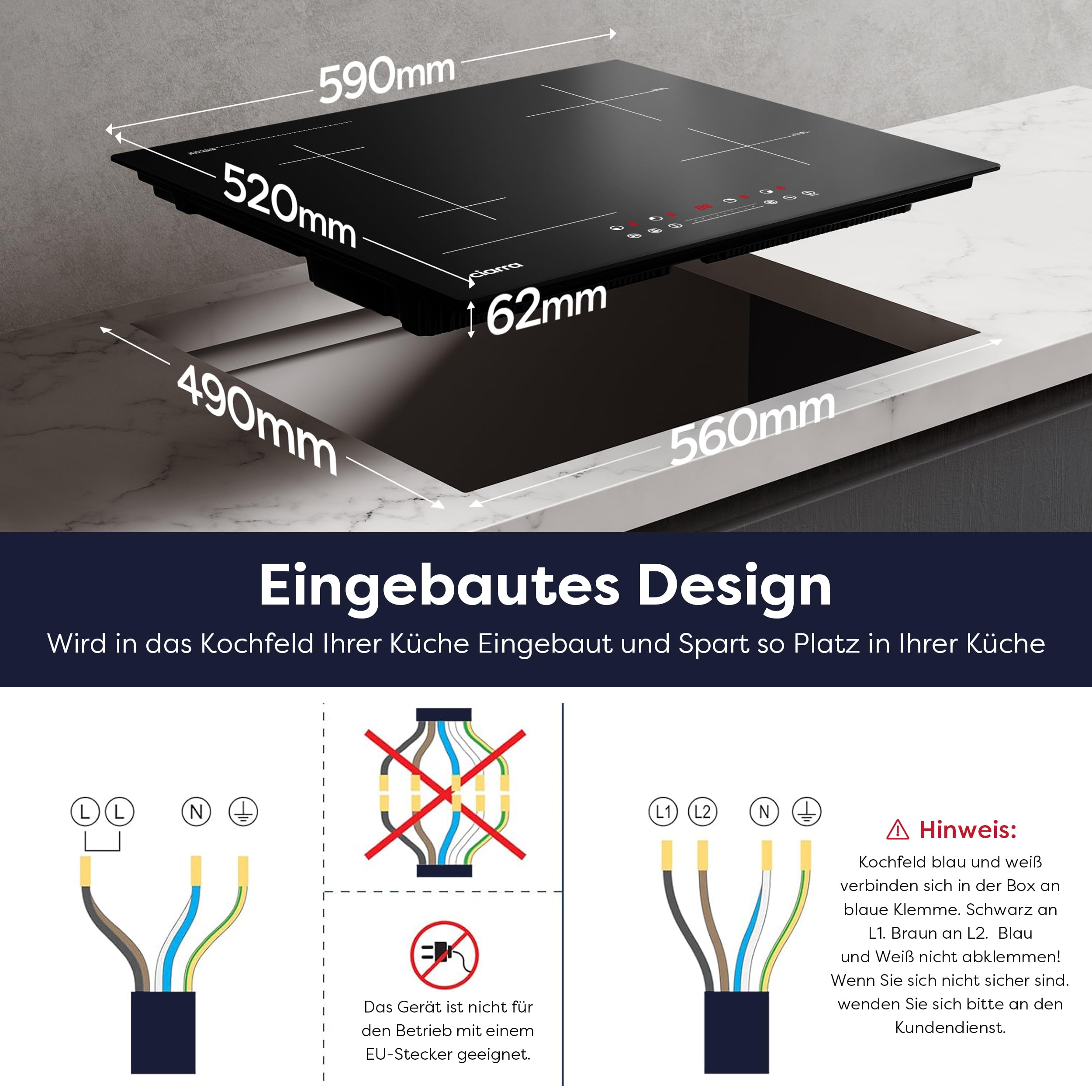 CIARRA CBBIH4BF Induktionskochfeld 60 cm Flexzonen Einbau 4 Platten mit Bridge Bräterzone PowerBoost Slider Touch-Bedienung Induktion Kochfeld 9 Stufen Timer Kindersicherung Überhitzungsschutz 7200 W