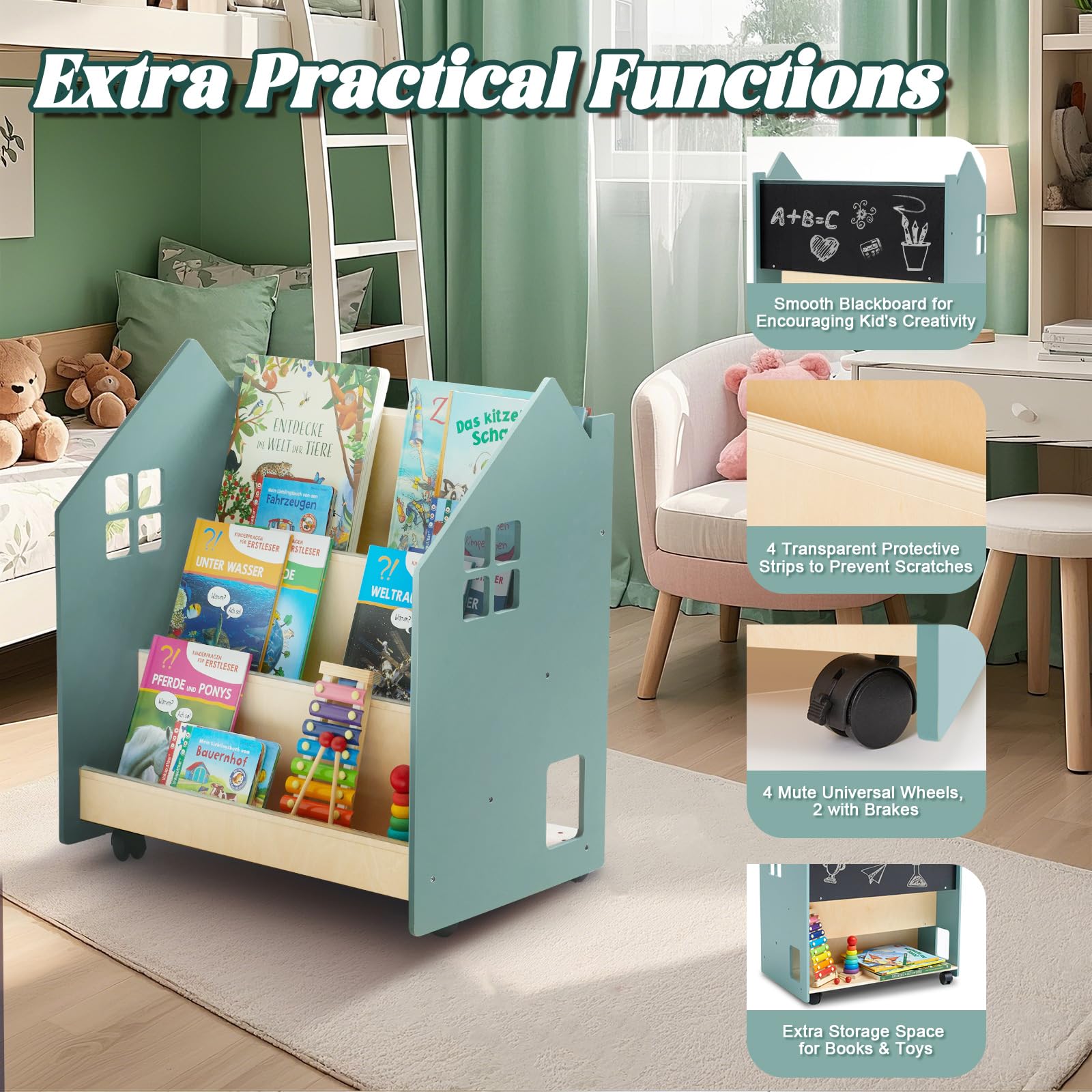 Bücherregal Kinder mit Tafel & Rollen, Montessori Kinderregal Kinderbücherregal mit 3 Fächern, Spielzeug Aufbewahrung Bücher Regal Kinderzimmer, Spielzeugregal Aufbewahrungsregal aus Holz