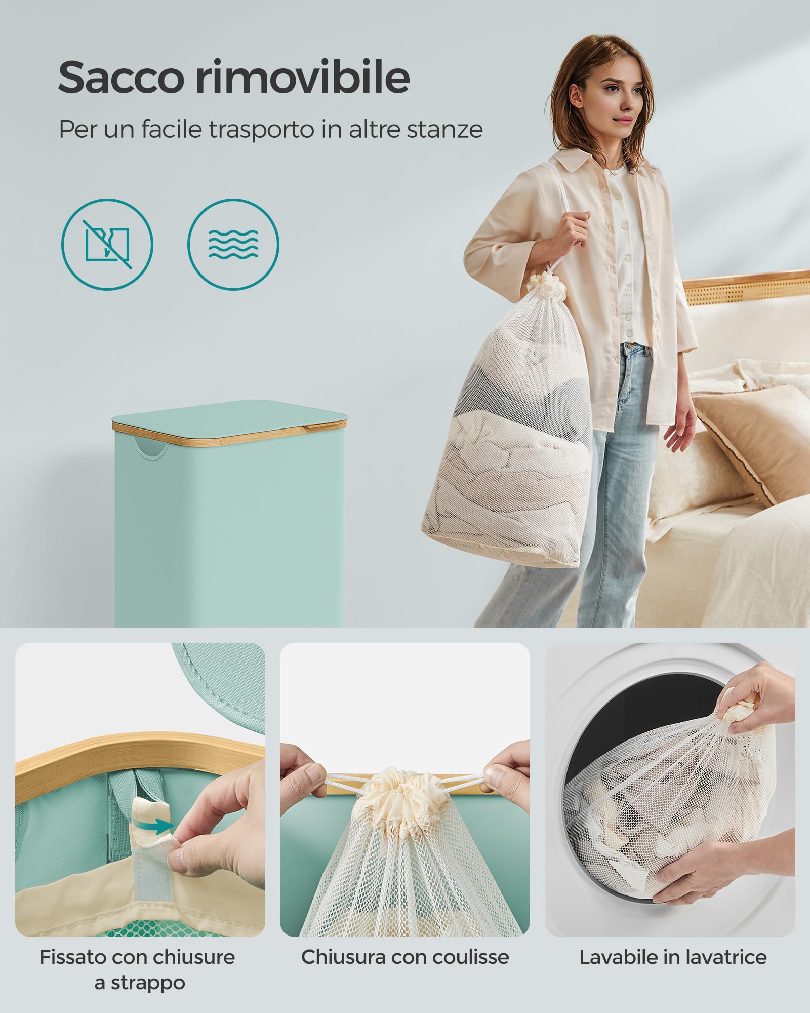 SONGMICS Cesto Portabiancheria con Coperchio, Cesta per Bucato, 90L, Salvaspazio, Sacco Rimovibile, Tessuto Oxford, Manici di Bambù, Pieghevole, 42 x 32 x 70,5 cm, Verde Menta LCB509C01