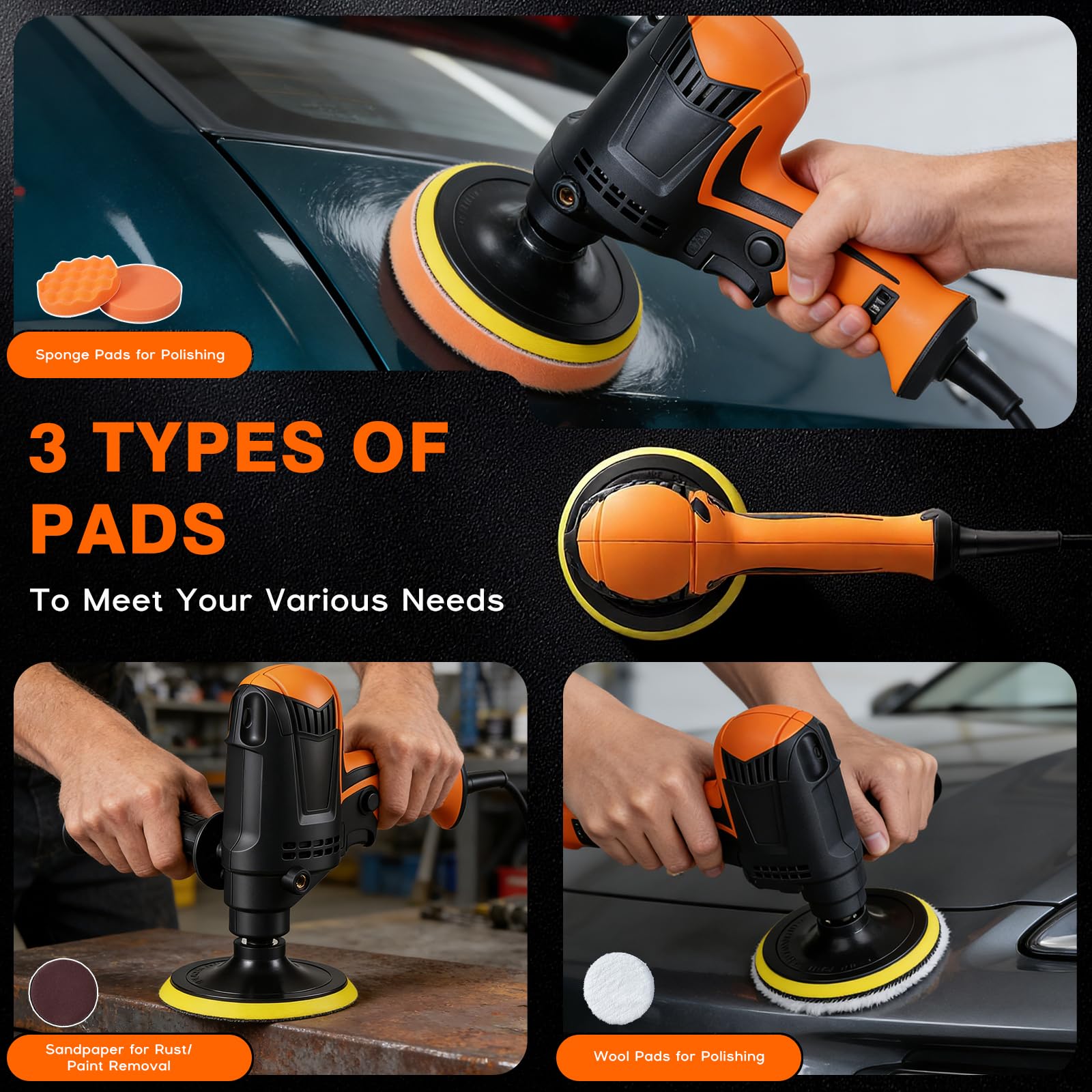 Pulidora Coche, Yaskyly 980W Máquina de Pulir Máquina Pulidora, 6 Velocidades Variables, 850-3200RPM, Mango Lateral, Kit de Esponja de Pulido 125mm, para Coche, Muebles, Motocicletas