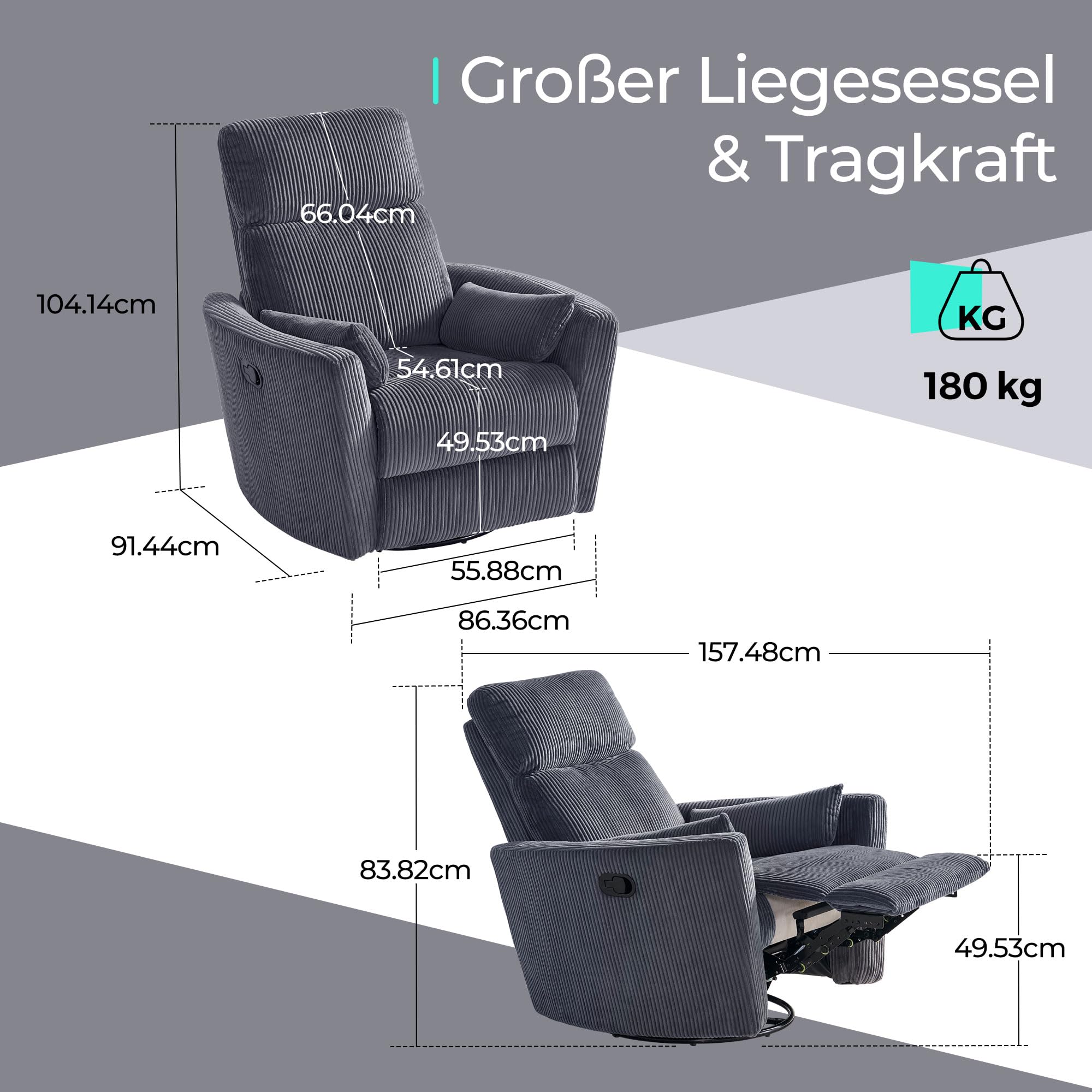LINSY HOME 360 Swivel Nursery Relaxsessel, Corduroy TV Sessel mit 2 Kissen, Komfortabler High Back Sessel mit Liegefunktion für Kleine Räume, Kinderzimmer, Schlafzimmer, Wohnzimmer, Grau