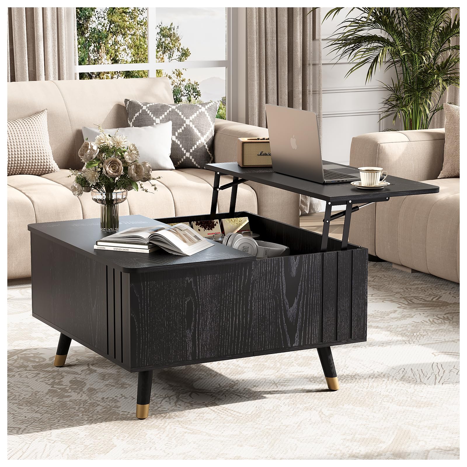 JOINICE,Round Coffee Table with Storage, 31.5" Fluted Center Table for Living Room, Modern Walnut Wood Circle Drum Table with Sliding Cabinet Door, Mid Century Furniture for Small Space — view 22