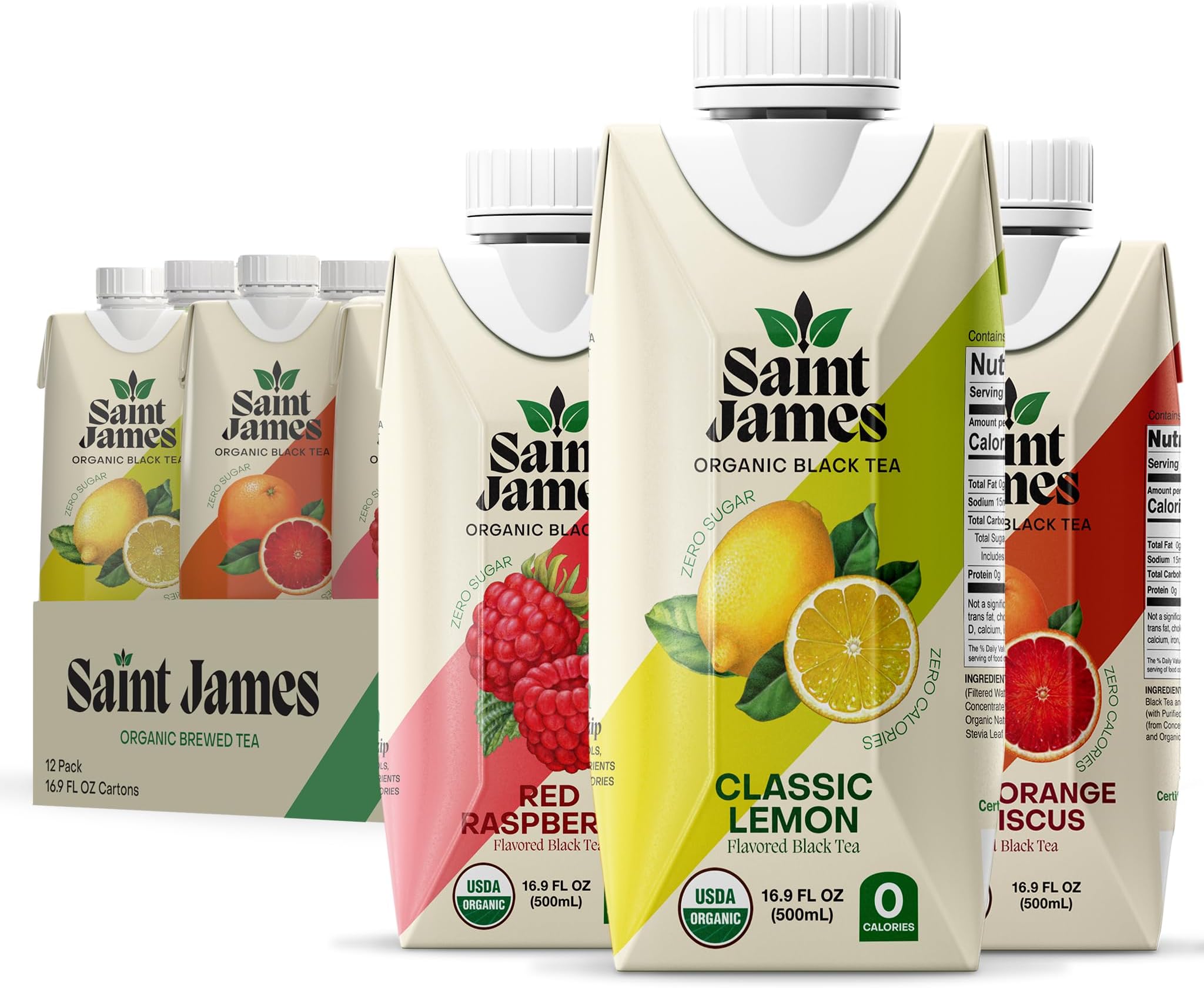 Saint JamesIced Tea - Organic Black Tea - Non GMO, Gluten Free, Zero Calorie & Zero Sugar - Variety Black Tea Flavors, 12 Pack (16.9 fl oz each)USDA Organic