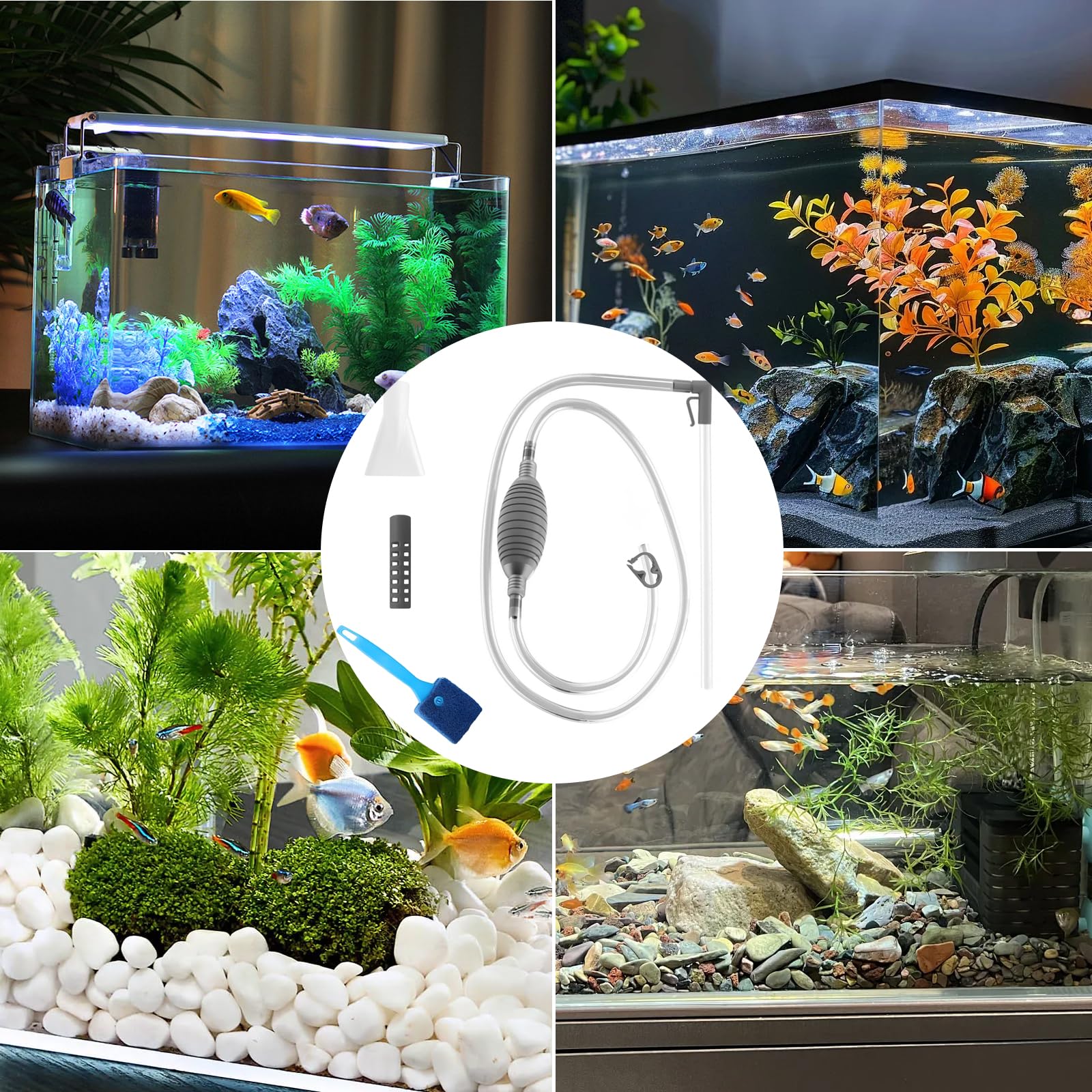 Aquarium Reinigungsset Aquarium Wasserwechsel Aquariumbodensauger AquariumSauger Handpumpe mit Reinigungs-Scheuerschwamm/-Bürste für AquariumWasserwechsel und Filter Sandreinigung
