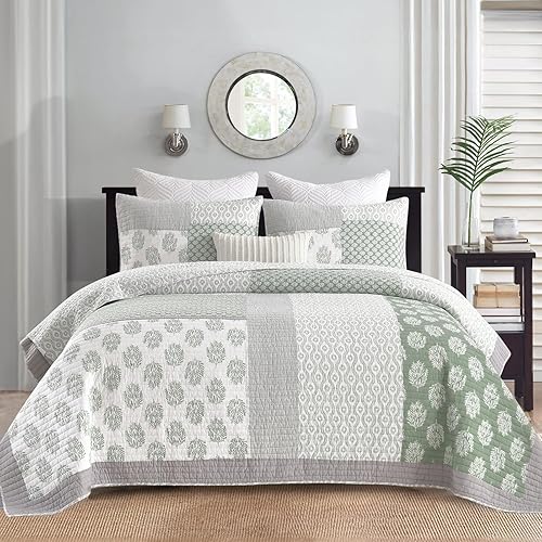 Juego de edredón de retazos, tamaño Queen, juego de ropa de cama de verano 100% algodón, 3 piezas, edredón floral de granja para cama, colcha