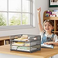 Vista 4 de Subekyu 3 Tier Paper Letter Tray Organizer for Desk, Gray Metal Mesh Desk File Folder Sorter Organizer with Handle and Sliding Tray for Home, Gris