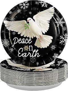 50Pcs Christmas Round Paper Plates 10 Inch Heavy Duty Christmas Peace on Earth Pigeon Platters Winter White Dove Dessert Plates for Winter Holiday Baby Shower Birthday Party Supplies Decoration