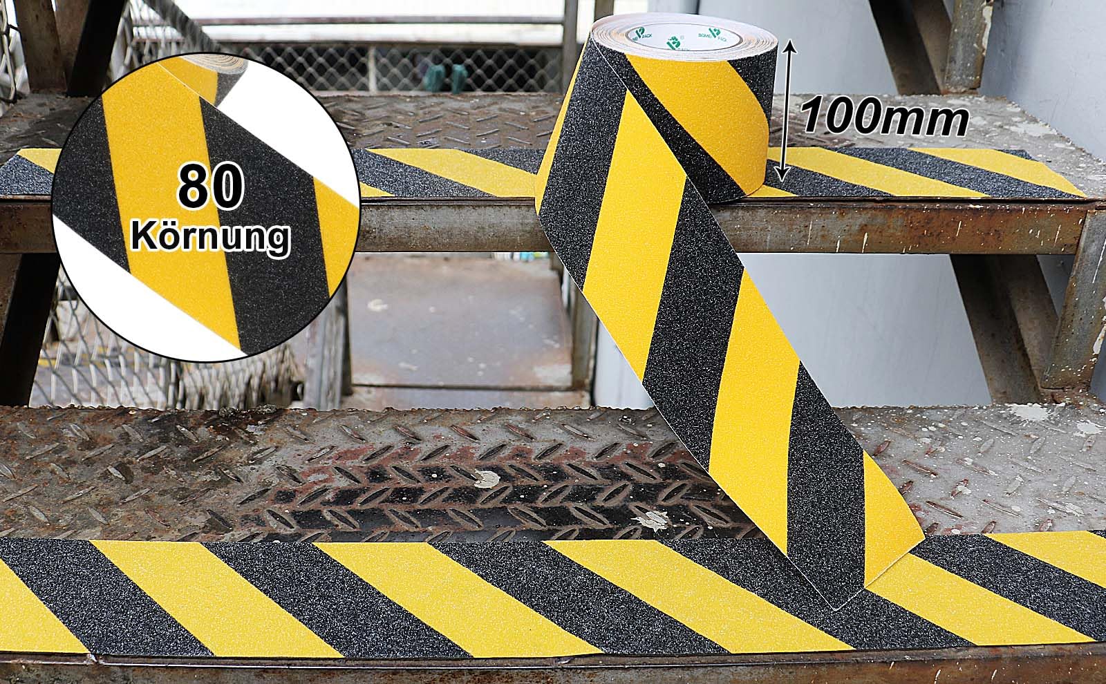 BOMEI PACK 100mmx10m Antideslizante Cinta Adhesiva, Alta Tracción Fuerte Apretón Abrasivo, Cinta Autoadhesiva de Seguridad, Cinta Adhesiva de Agarre, para Interiores y Exteriores, negro y amarillo