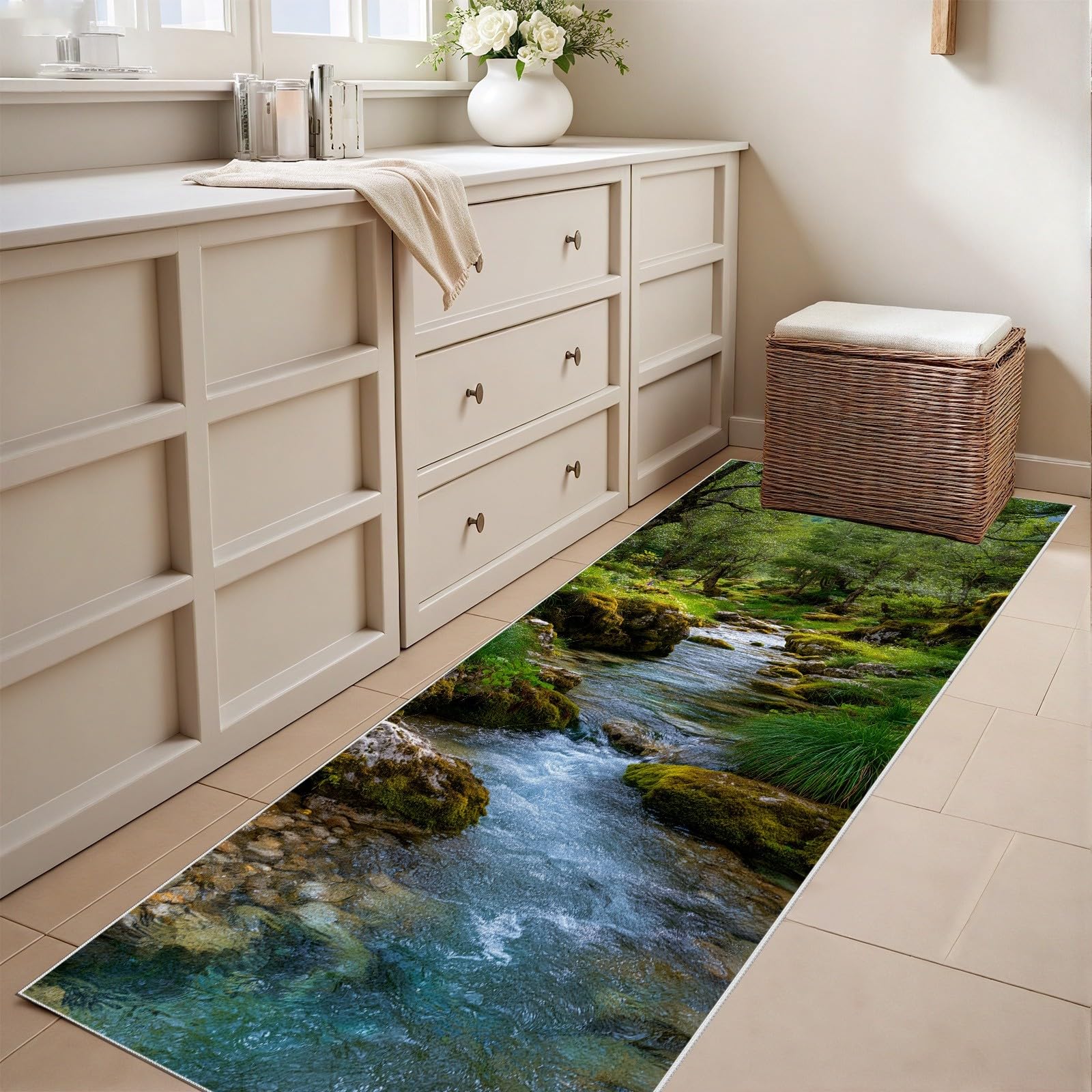 Wald Creek Teppich Läufer, Küchenteppich Moos Felsen Teppiche Waschbarer rutschfest 80x200 cm, Natur Bachtal Teppichläufer, Carpet für Flur Schlafzimmer Küche