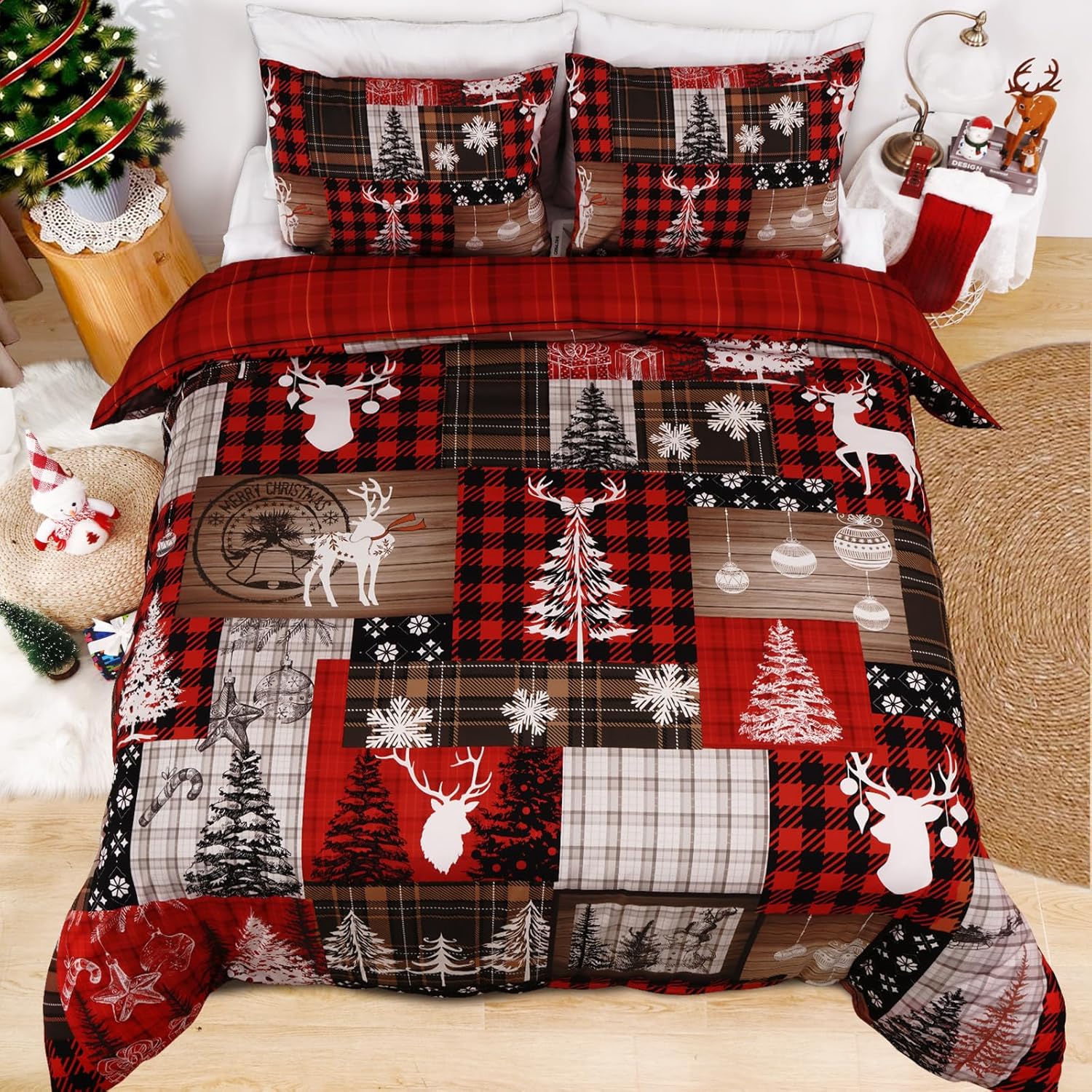 Likiyol Christmas Duvet Cover Queen Retro Buffalo Plaid Duvet Cover Set with Zipper Closure, Soft Comforter Duvet, Reversible Printed Christmas Bedding Set, 1 Duvet Cover+2 Pillowcases