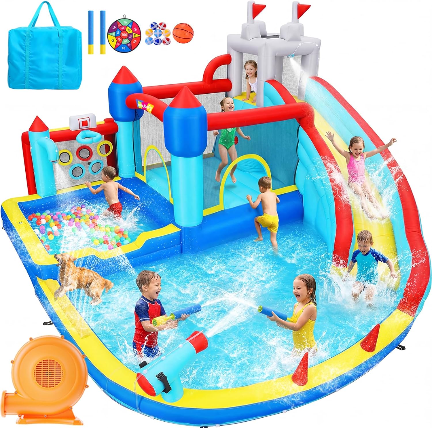 Whubefy 15x14.5ft Bounce House Water Slide Park, 13in1 Huge Blow up Waterslides Inflatable for Kids Backyard w/750W Blower, Pool, Soccer Goal, 5-hole Target Toss Game, Dart Board for Big Kids 8-12 3-6