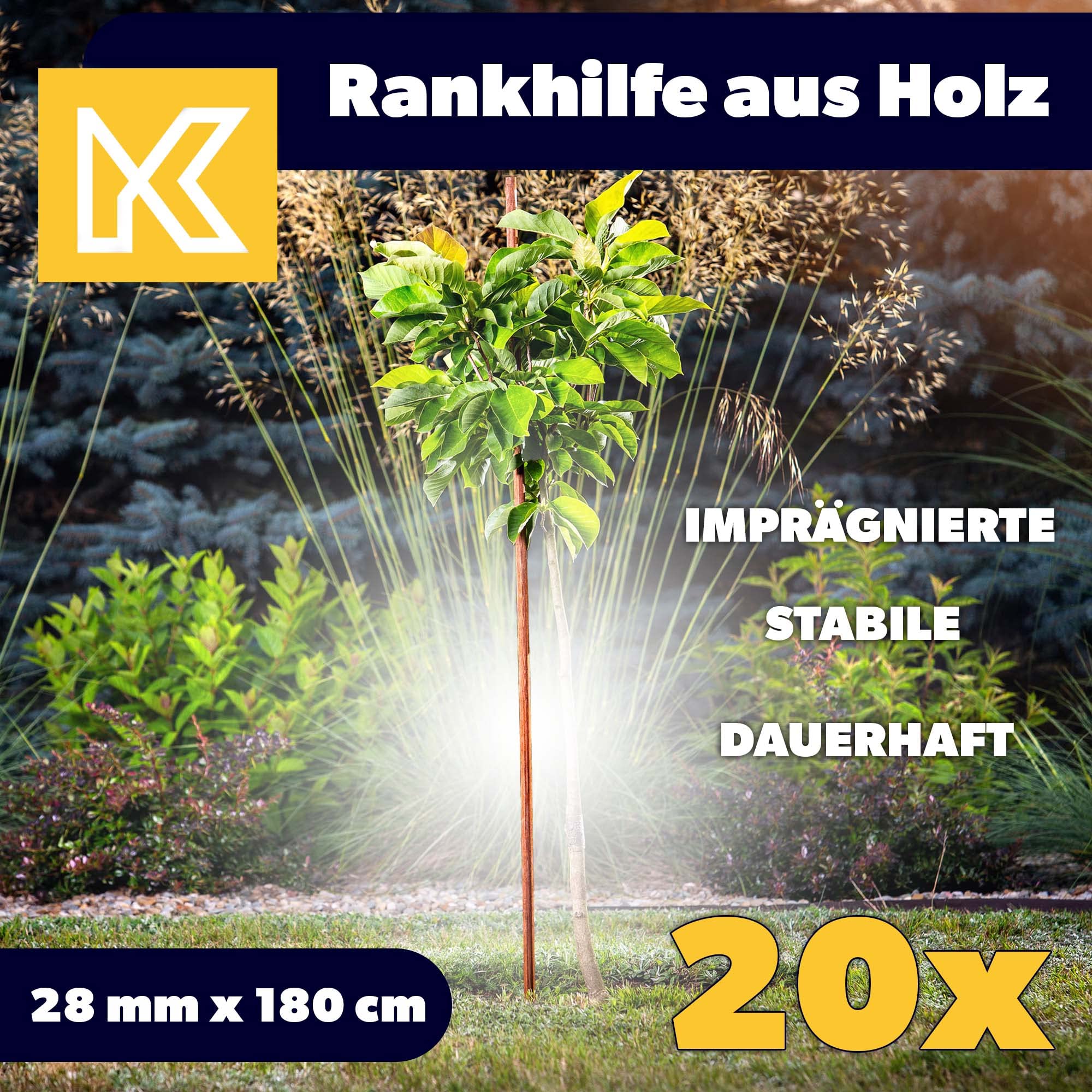 KADAX Rankhilfe aus Holz, imprägnierte Pflanzstäbe, Kletterpflanzen-Stab, wetterfeste Rankstange, Blumenstab, Rankgitter, Holzpflöcke, Pfähle (20, 28mm x 180cm)