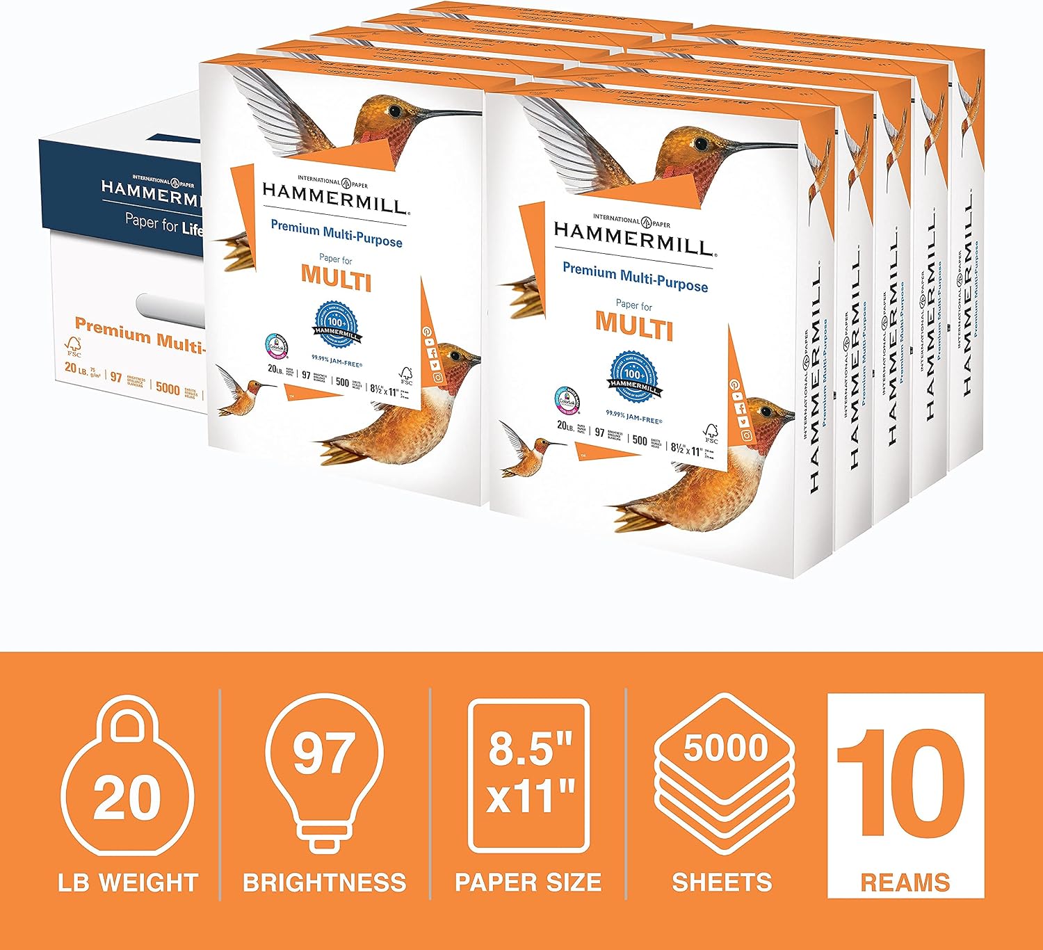 Hammermill 106310 Premium Multipurpose Paper, 20-lb, 8-1/2 x 11, White, 5000/Carton