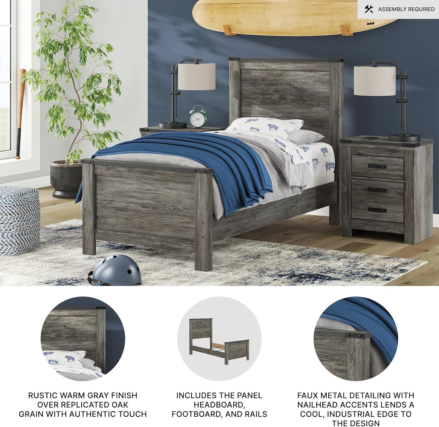 Signature Design by Ashley Frandern Industrial Panel Bed with Nailhead Accents, Foundation or Box Spring Needed, Twin, Gray - Image 4