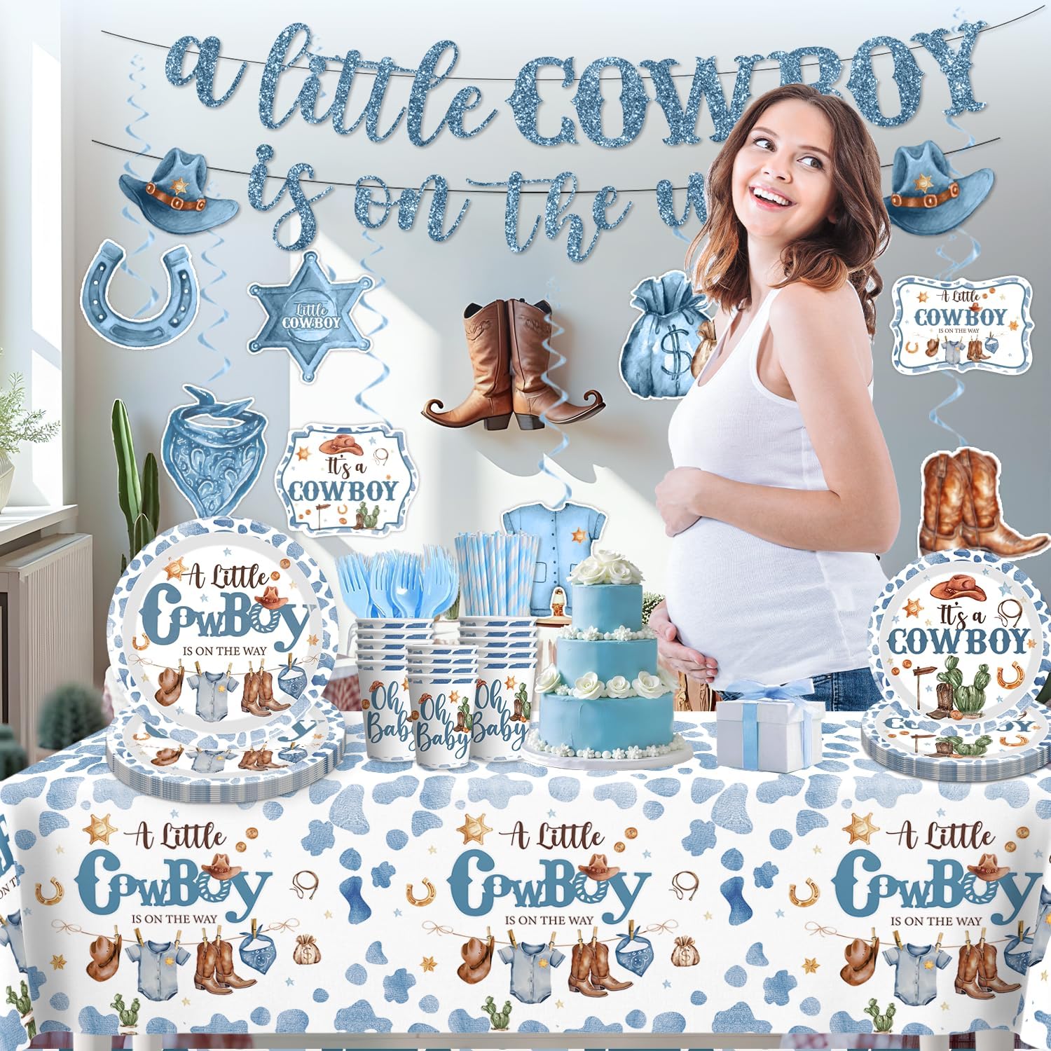 161pcs Cowboy Baby Shower Decorations Include Plates and Napkins Set, Banner, Hanging, Tablecloth, Cake Topper, for Cowboy Rodeo and Western Baby Shower, Serves 25