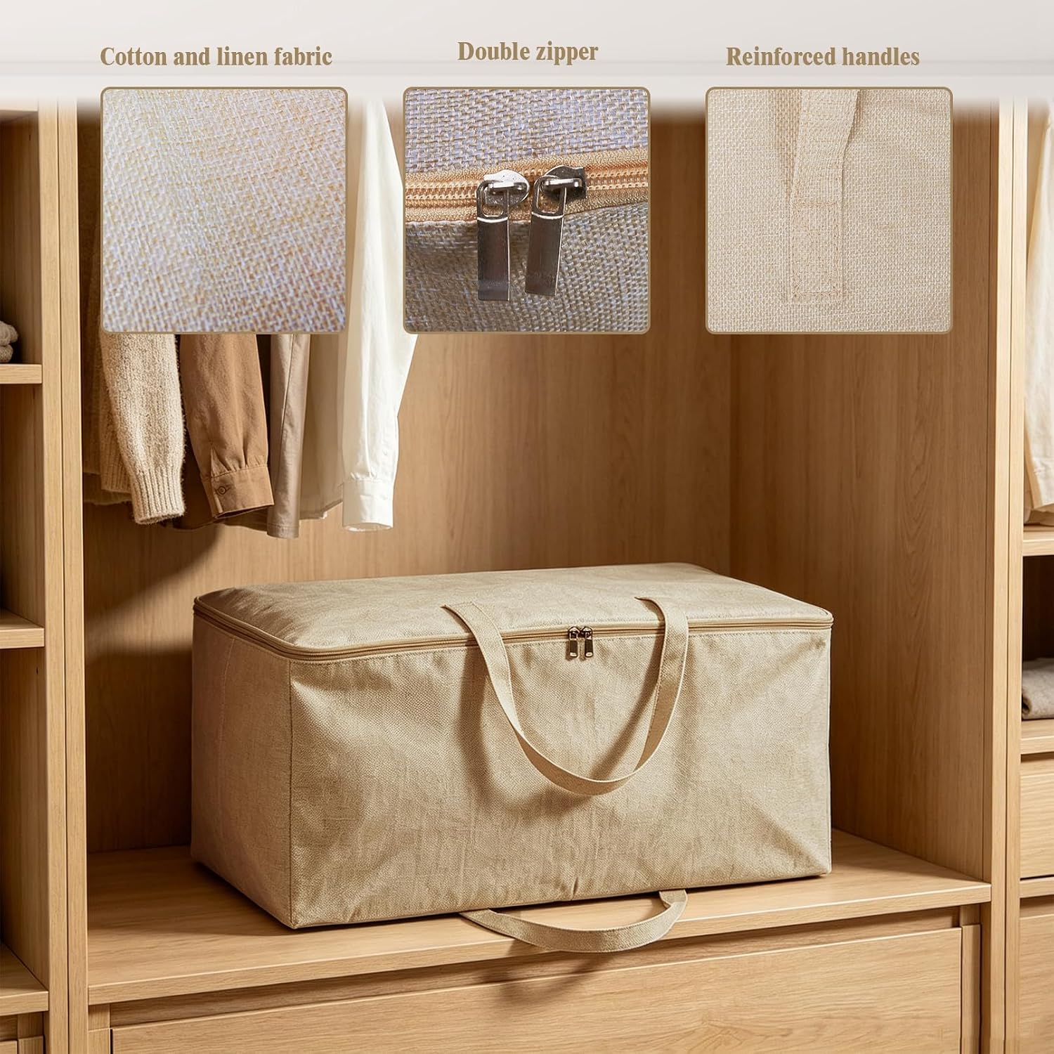 2 Pack Soft Canvas Storage Bag, 23.6x10.2x19.3 inch Large Comforter Organizer, Breathable Closet Organizer Bag with Handles, Comforter Storage Bags for Blankets Bedding Clothes Pillows, Beige