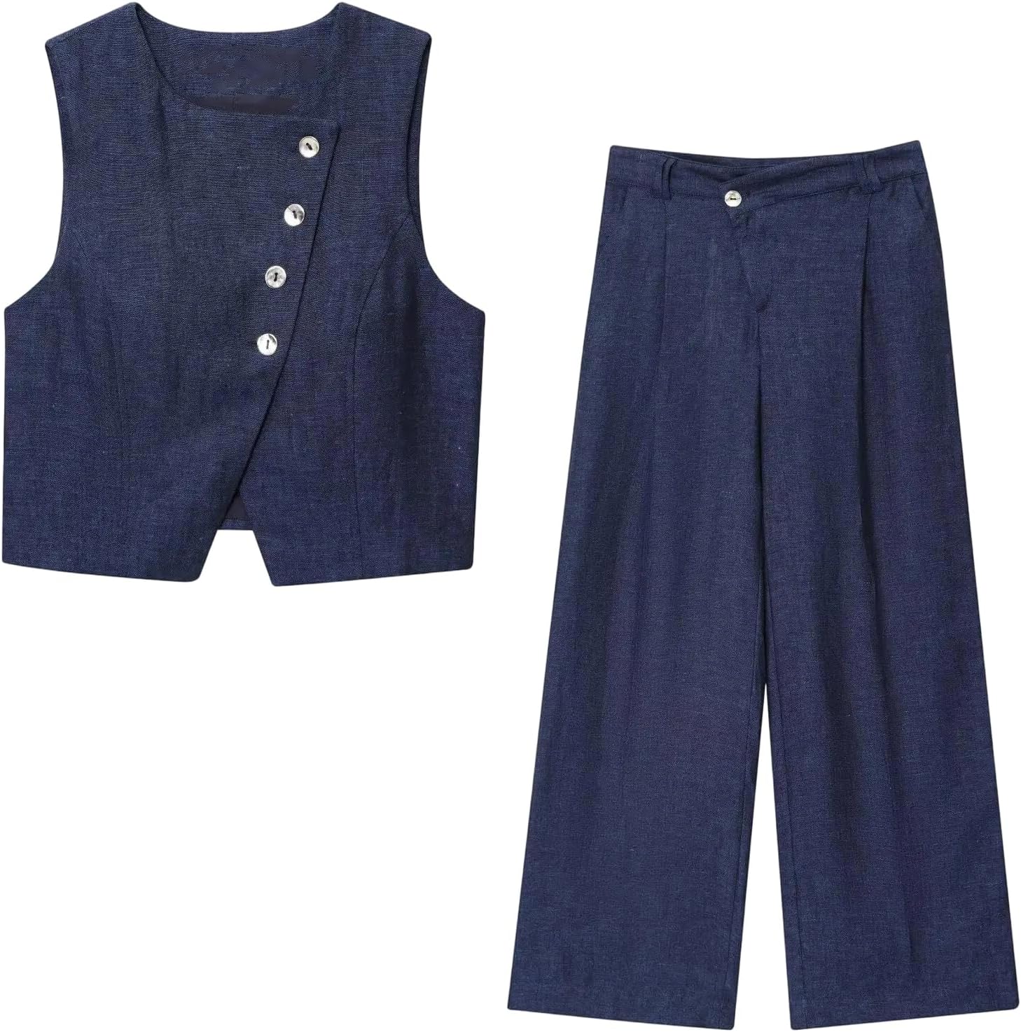 Womens Two Piece Suit Set Sleeveless Buckle Waistcoat and Asymmetric High Waist Pants for Office