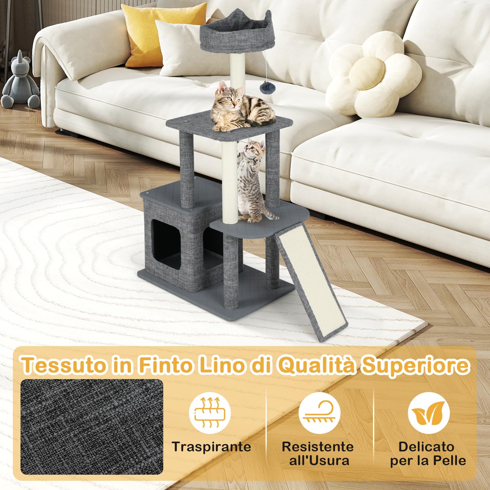 COSTWAY Tiragraffi per Gatto Alto 117 cm, Albero Tiragraffi Gatto con 5 Piattaforme, 2 Pali Sisal e Pallina Pompon, Torre Tiragraffi per Gatti con Grotta e Trespolo, Grigio