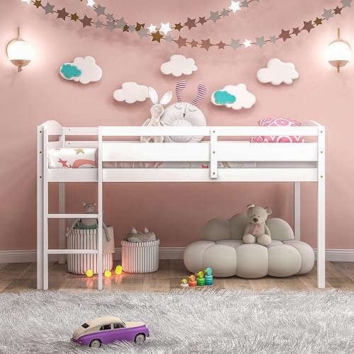 Miniatura 7 de Giantex Cama alta individual con escalera, cama alta de madera de perfil bajo con 30 pulgadas de espacio libre y rieles de protección de seguridad,