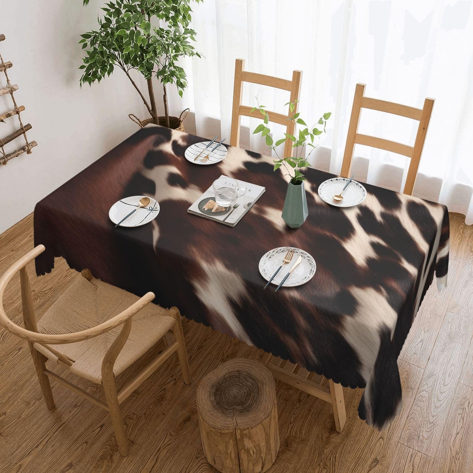 WPKJU Brown Cowhide Printed Rectangle Tablecloth 72x54 Inch with Lace Trim, Water-Resistant Washable Table Cover for Farmhouse Weddings, Outdoor Picnics & Holiday Dining