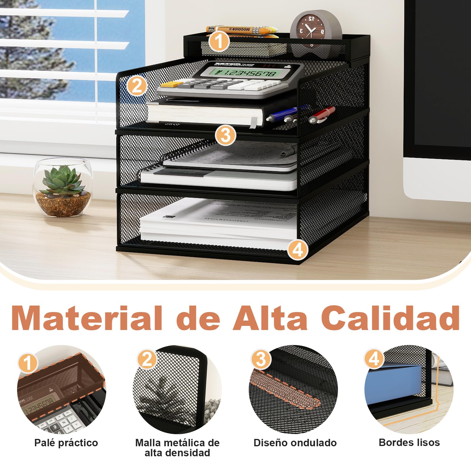 PUNCIA Bandejas Apilables 3 Niveles de Oficina Organizador de Escritorio de Malla Metálica Clasificador Almacenamiento con Bandeja Pequeña para Documentos Cartas Papel A4 (Negro)