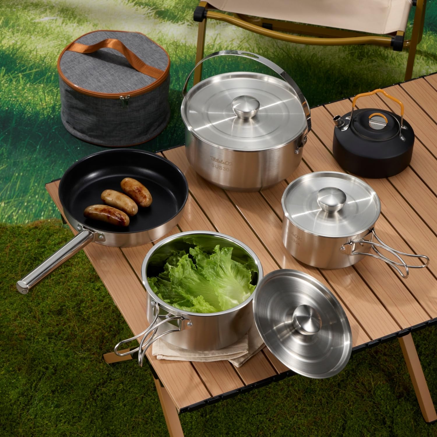 Camping Kochgeschirr Set 304 Edelstahl 10-teilige Töpfe Pfannen, Wasserkocher, Reise Mesh Tasche für Camping, Trekking, Garten Picknick, Backpacking Ausrüstung