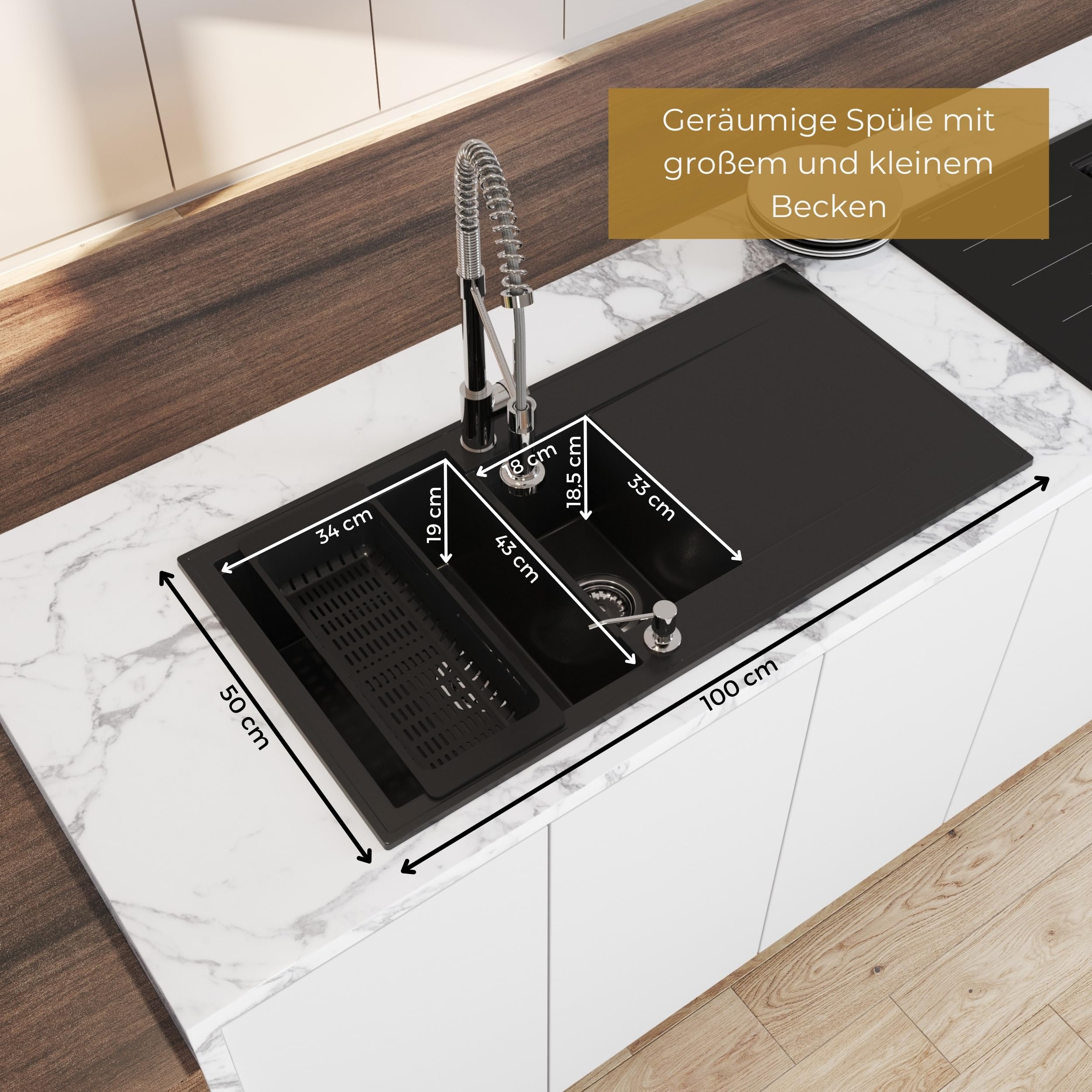SINK QUALITY Évier de cuisine, en granit, noir, avec robinet, siphon et agent d'imprégnation, 100 x 50 cm, évier de cuisine à partir de 60 cm