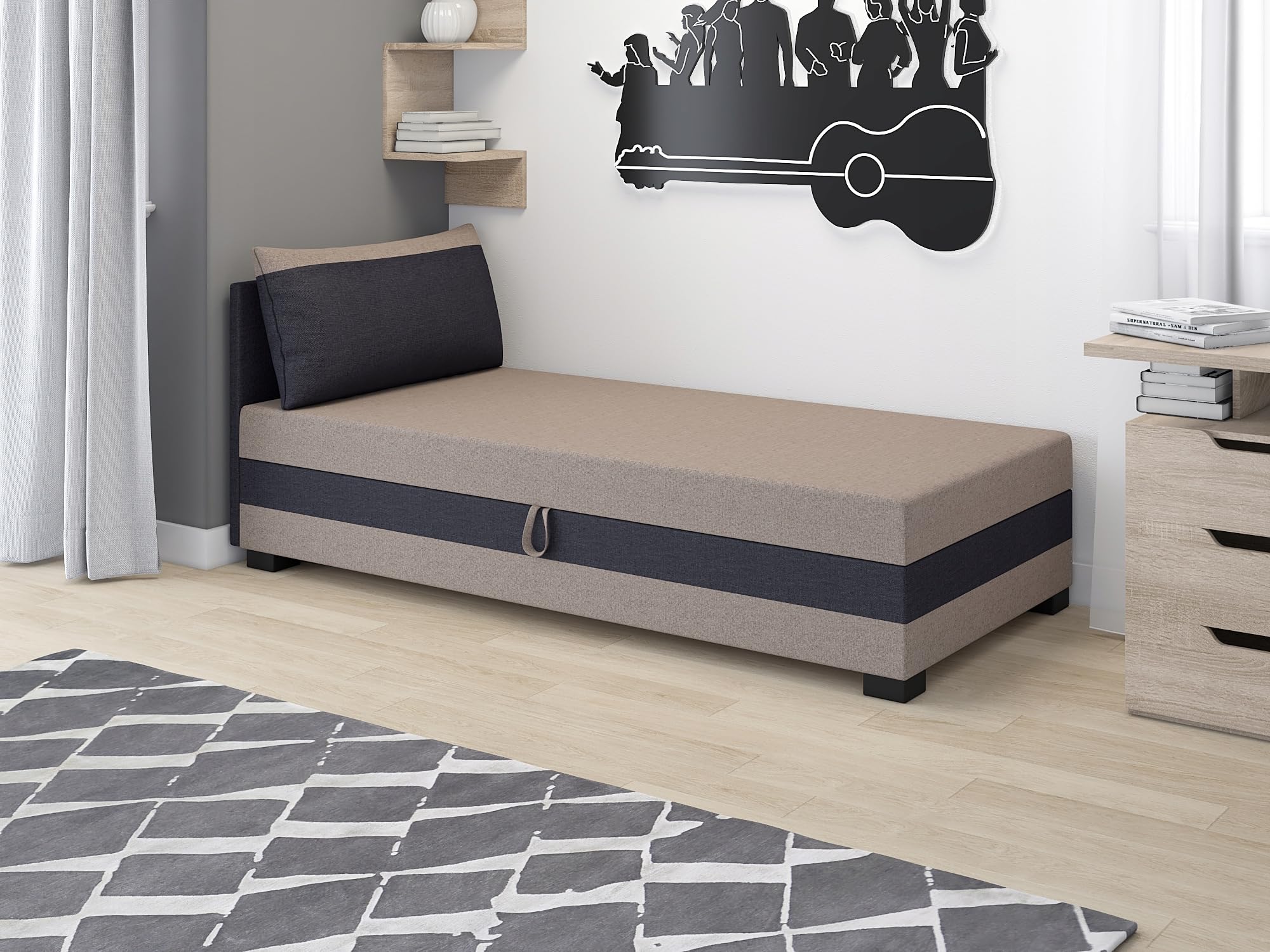 Boxspringbett Ilia 80x200x38 cm mit Schaumstoff Matratze, Bett mit Matratze, Polsterbett mit Bettkasten, Gepolstertes Einzel Bett, Schlafsofa - Beige Graphit