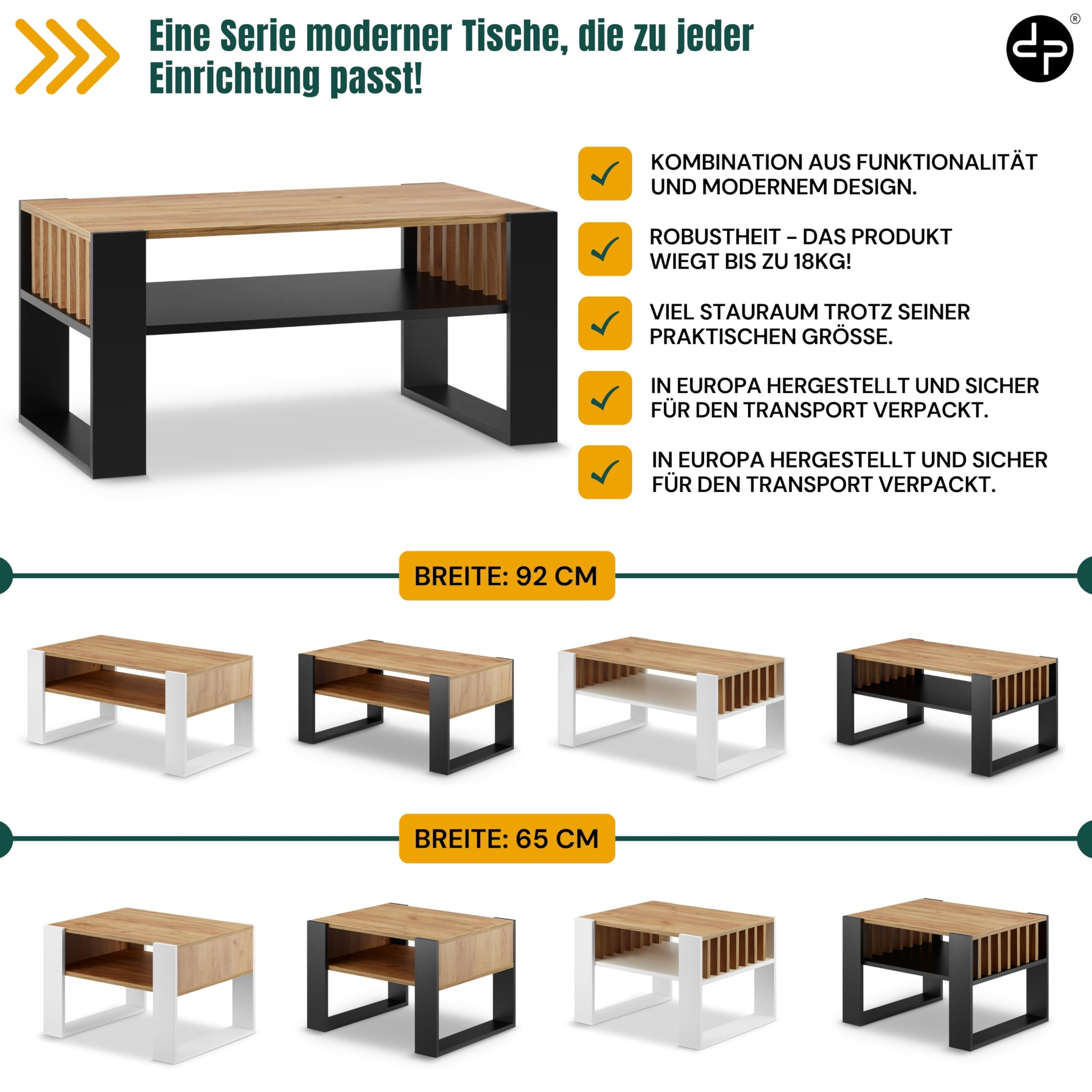 defiPad® Nowoczesny stolik kawowy z lammelami, szerokość 92 cm, duży stół do salonu, dąb | lity i stabilny | kolor czarny