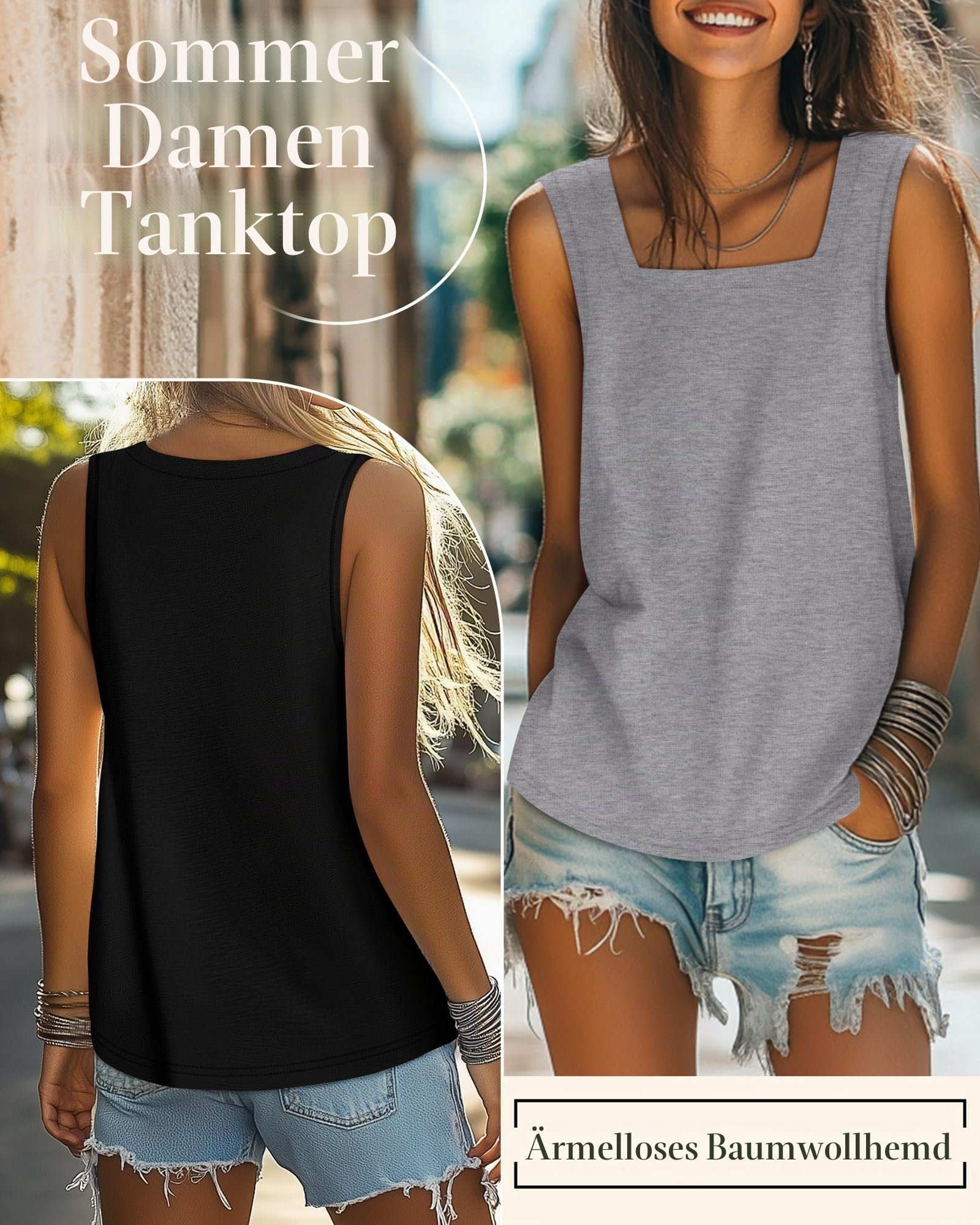 3er Pack Damen Tanktops für Den Sommer Lässige Ärmellose Shirts in Lockerer Passform mit Eckigem Ausschnitt