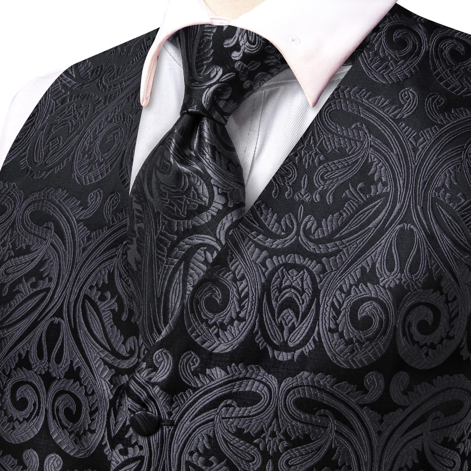 Hi-Tie 5PCS Mens Silk Suit Vests and Tie Lapel Pin Set Paisley Floral Waistcoat Necktie God Tie Clip Set Wedding Party - Image 4