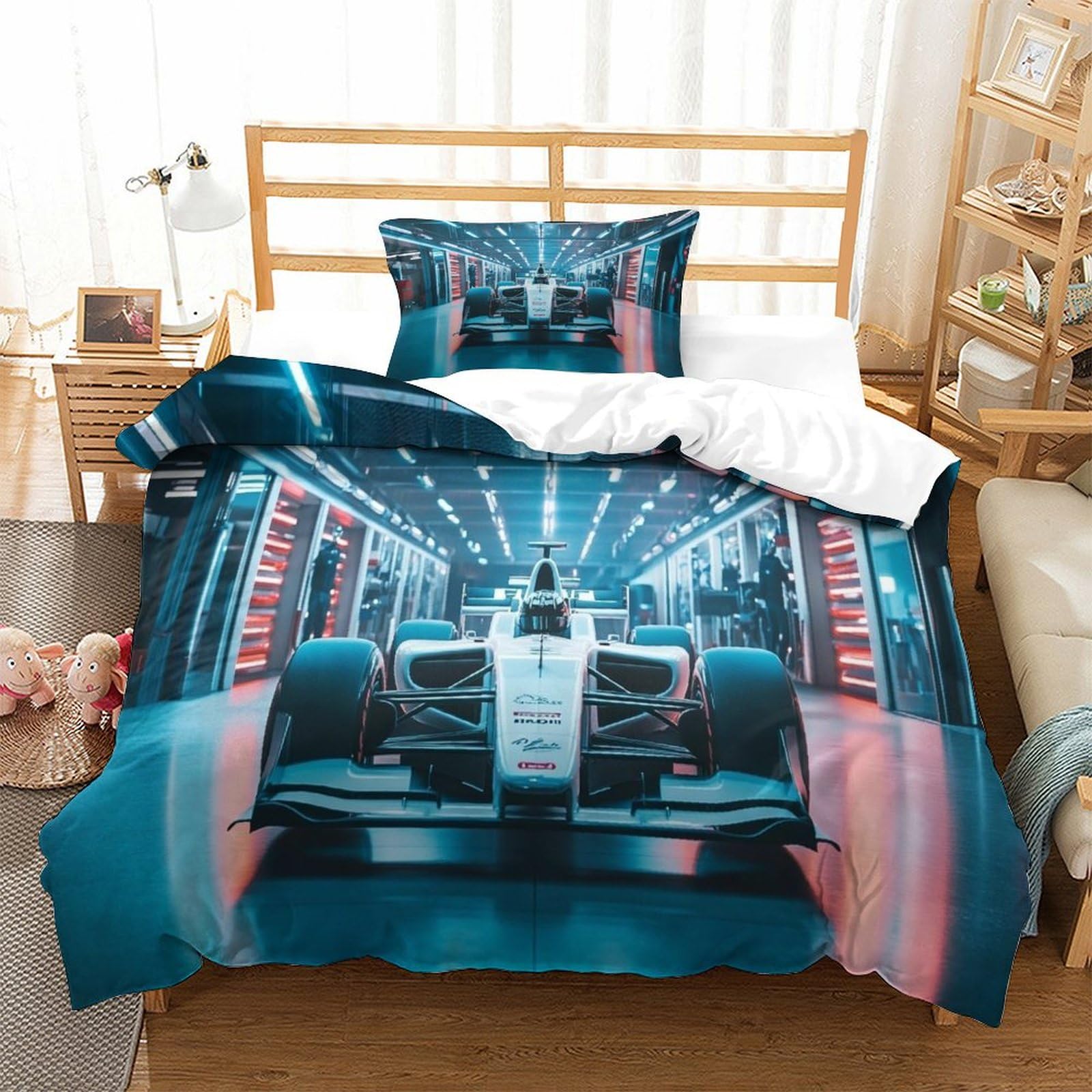 XiaopangXY Formula Racing Warmth Bed Linen Set Hidden Zipper Racing Car Duvet Cover Set with Pillowcases Bedding Set Soft Microfiber Quilt Cover Set for Kids & Adults Single（135x200cm）