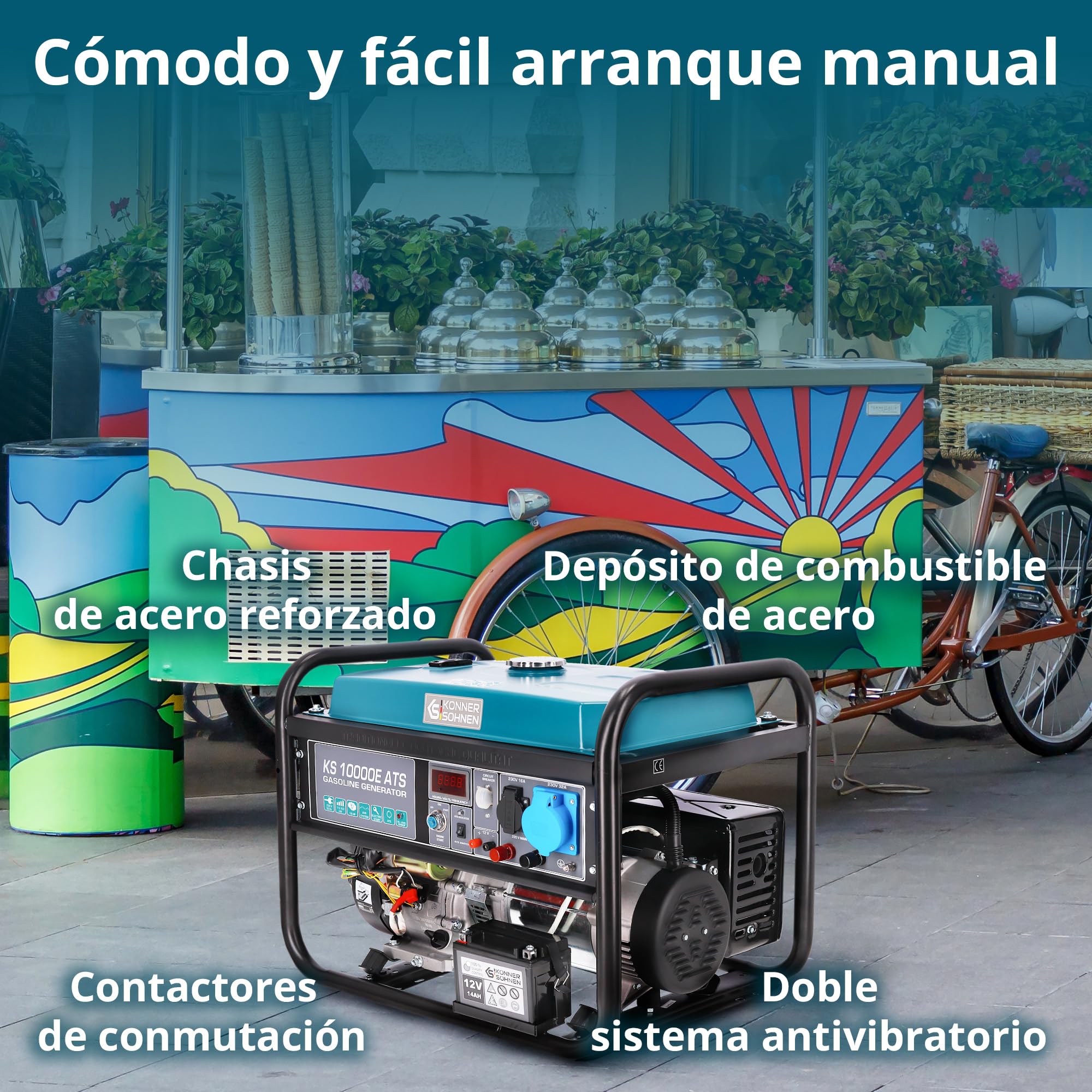 Generador de gasolina KS 10000E ATS con sistema ATS incorporado de una potencia máxima 8000 W, arranque manual/eléctrico/automático, 1x16A, 1x32A (230V), motor original EURO 5