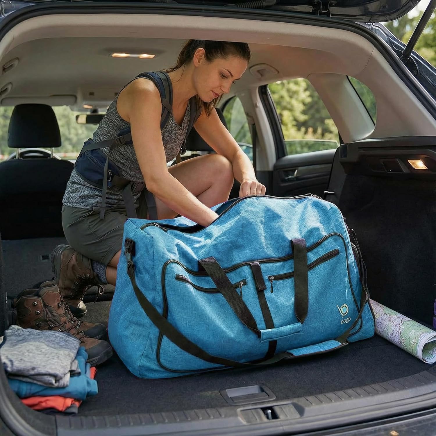 Bago Foldable Duffel Bags for Traveling Women & Men - 60L Medium Packable Duffle Bag for Travel with Shoe Compartment - Water Repellant, Heavy Duty, Lightweight Folding & Collapsible (SnowBlue) - Image 2