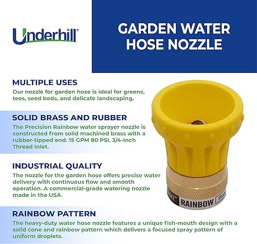 Miniatura 3 de Underhill Boquilla de manguera de agua de jardín, pulverizador, 15 GPM 80 PSI, entrada de rosca de 34 pulgadas, accesorio de alta presión, latón y